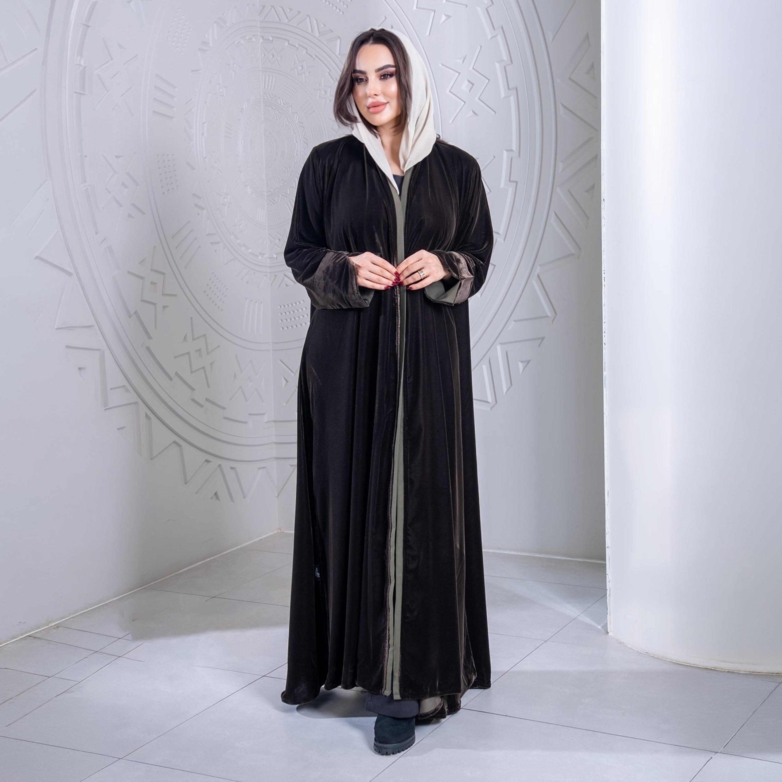 Elegant Hijab Brown Velvet Women's Evening Half Cloche Abaya with Hijab-women-arabicclothing-abayas-image-1