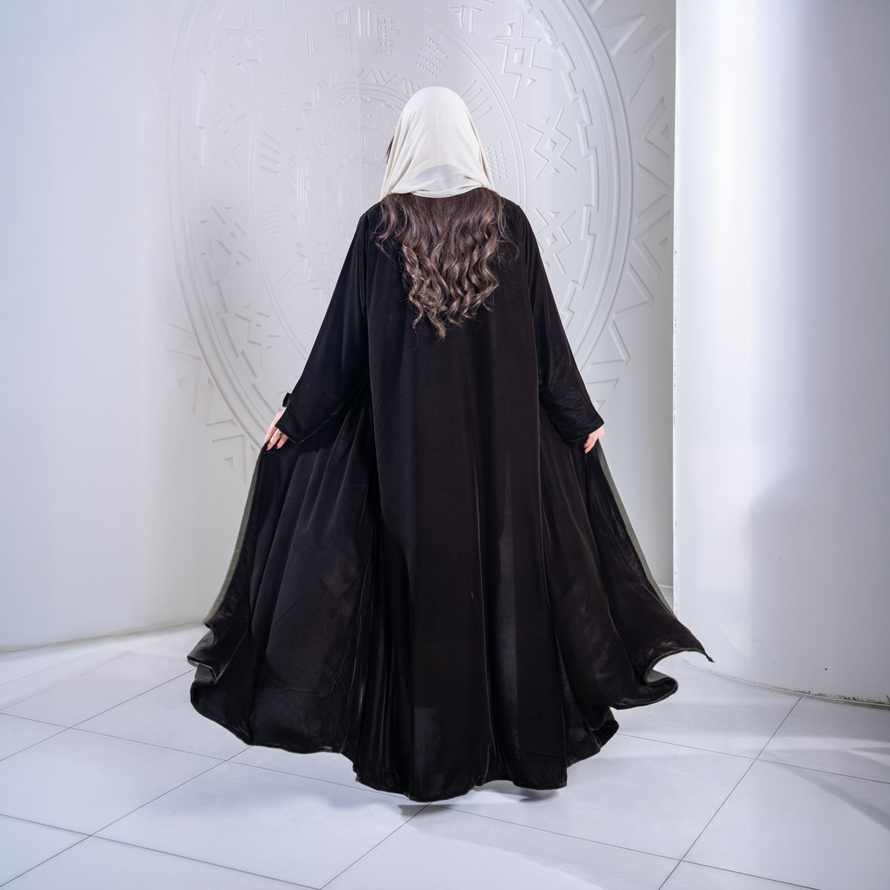 Elegant Hijab Brown Velvet Women's Evening Half Cloche Abaya with Hijab-women-arabicclothing-abayas-image-4