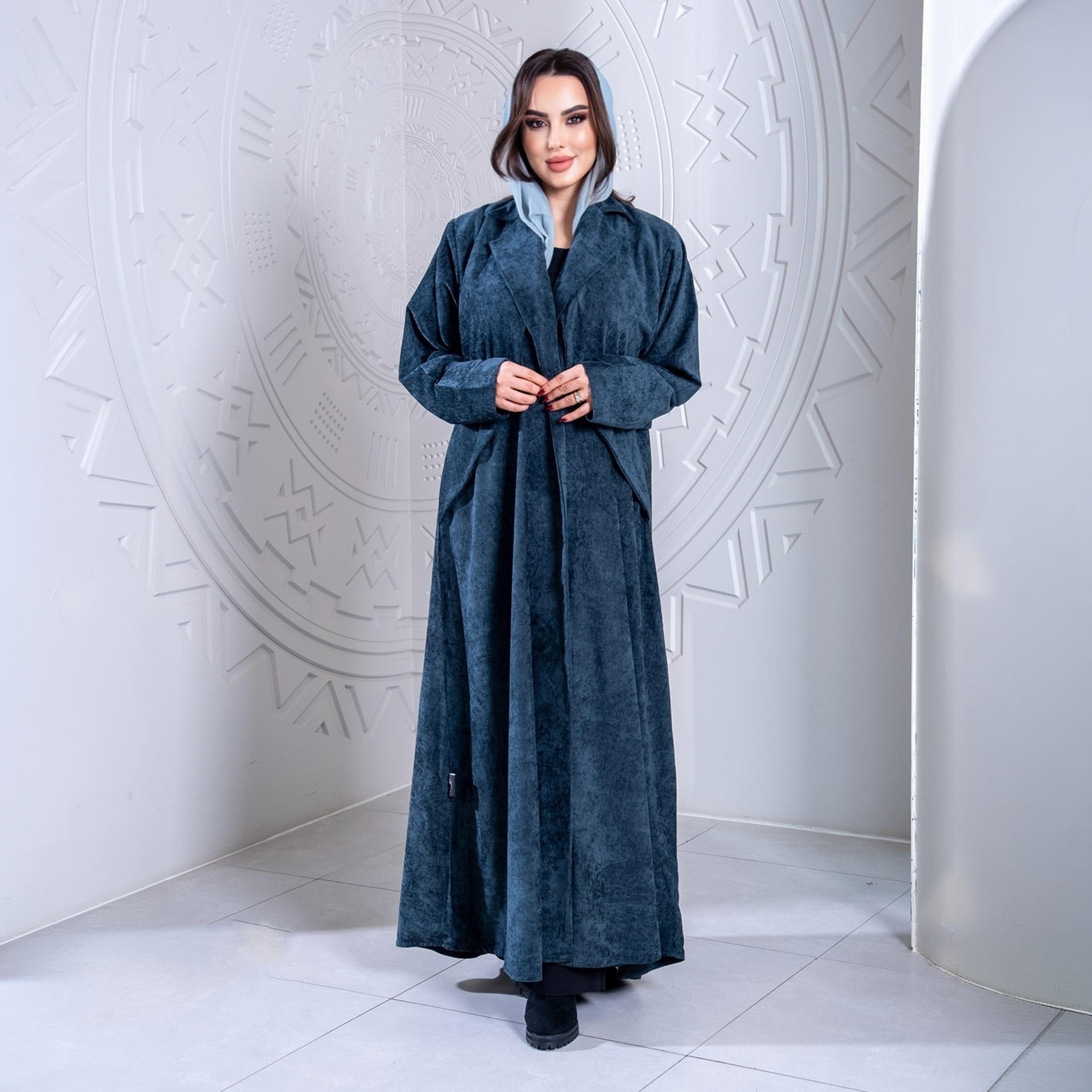 Elegant Hijab Vintage Washed Lapel Collar Velvet Women's Evening Half Cloche Abaya with Hijab-women-arabicclothing-abayas-image-4