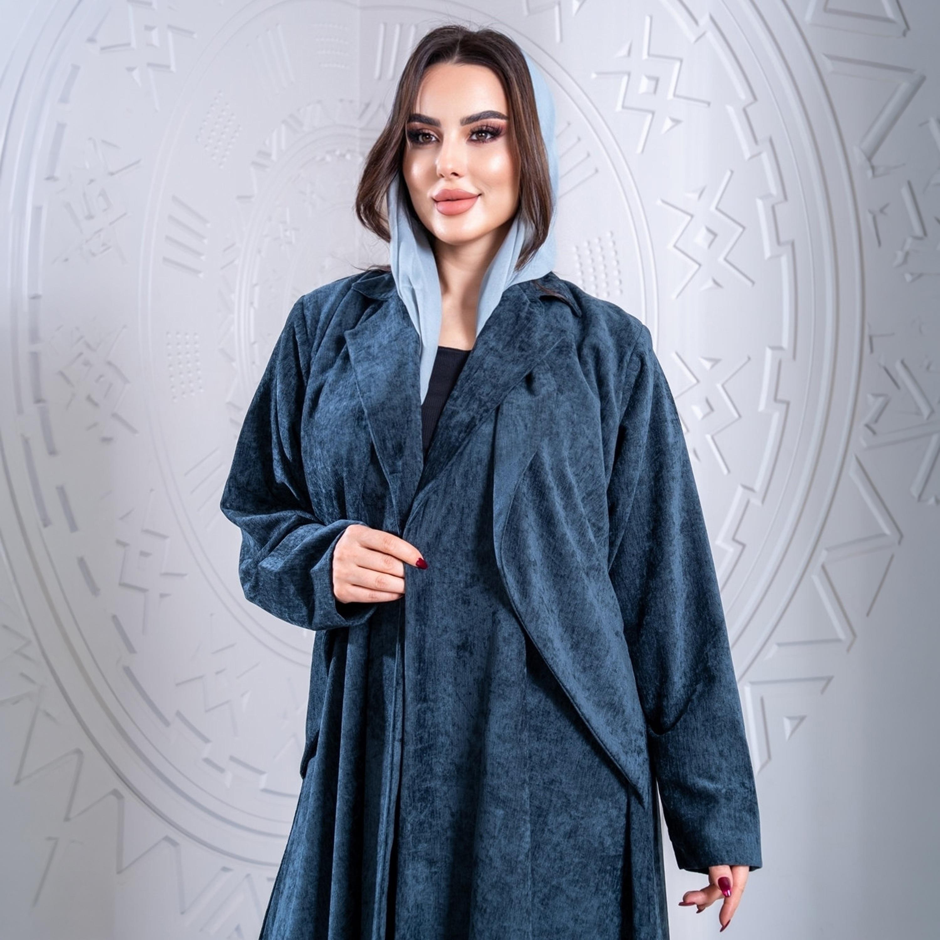 Elegant Hijab Vintage Washed Lapel Collar Velvet Women's Evening Half Cloche Abaya with Hijab-women-arabicclothing-abayas-image-5