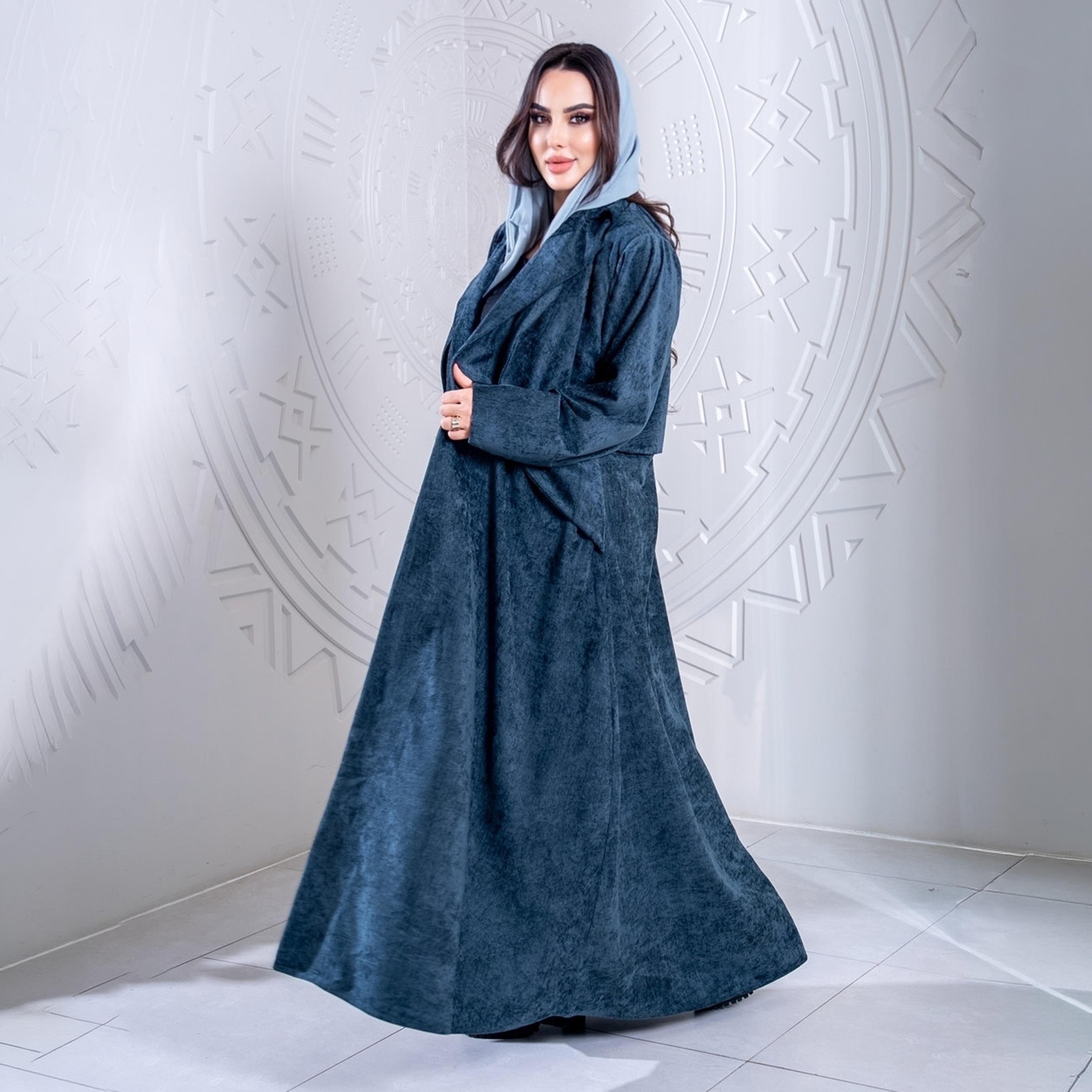 Elegant Hijab Vintage Washed Lapel Collar Velvet Women's Evening Half Cloche Abaya with Hijab-women-arabicclothing-abayas-image-2