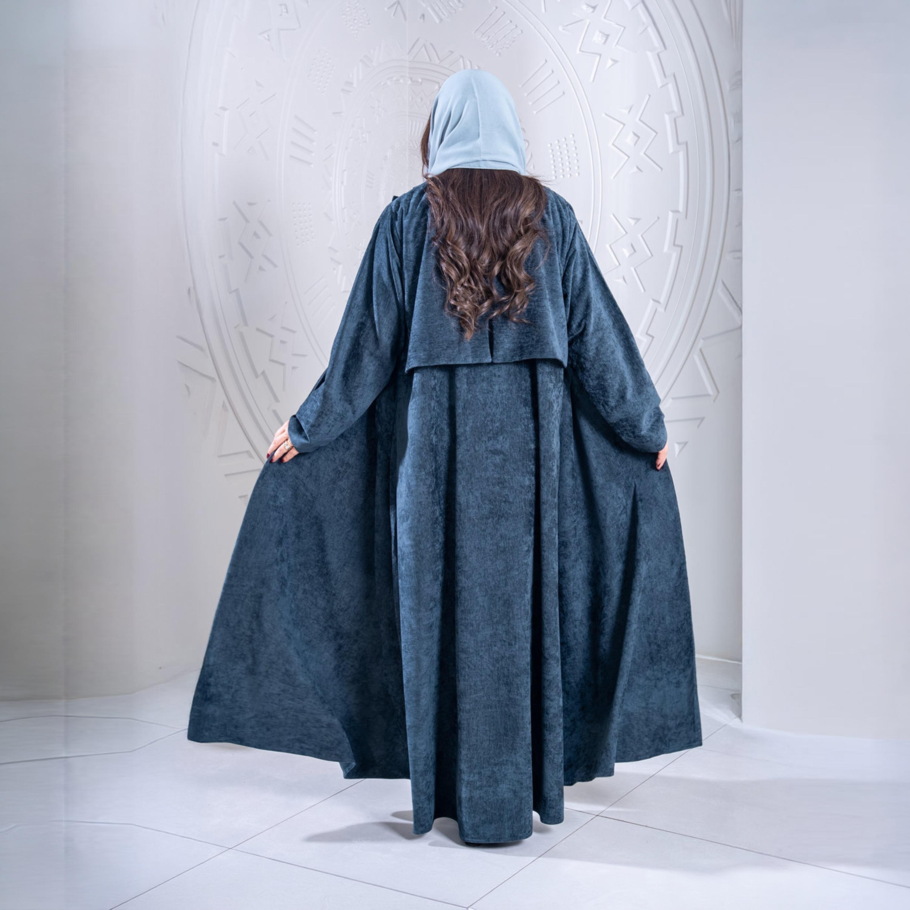 Elegant Hijab Vintage Washed Lapel Collar Velvet Women's Evening Half Cloche Abaya with Hijab-women-arabicclothing-abayas-image-3