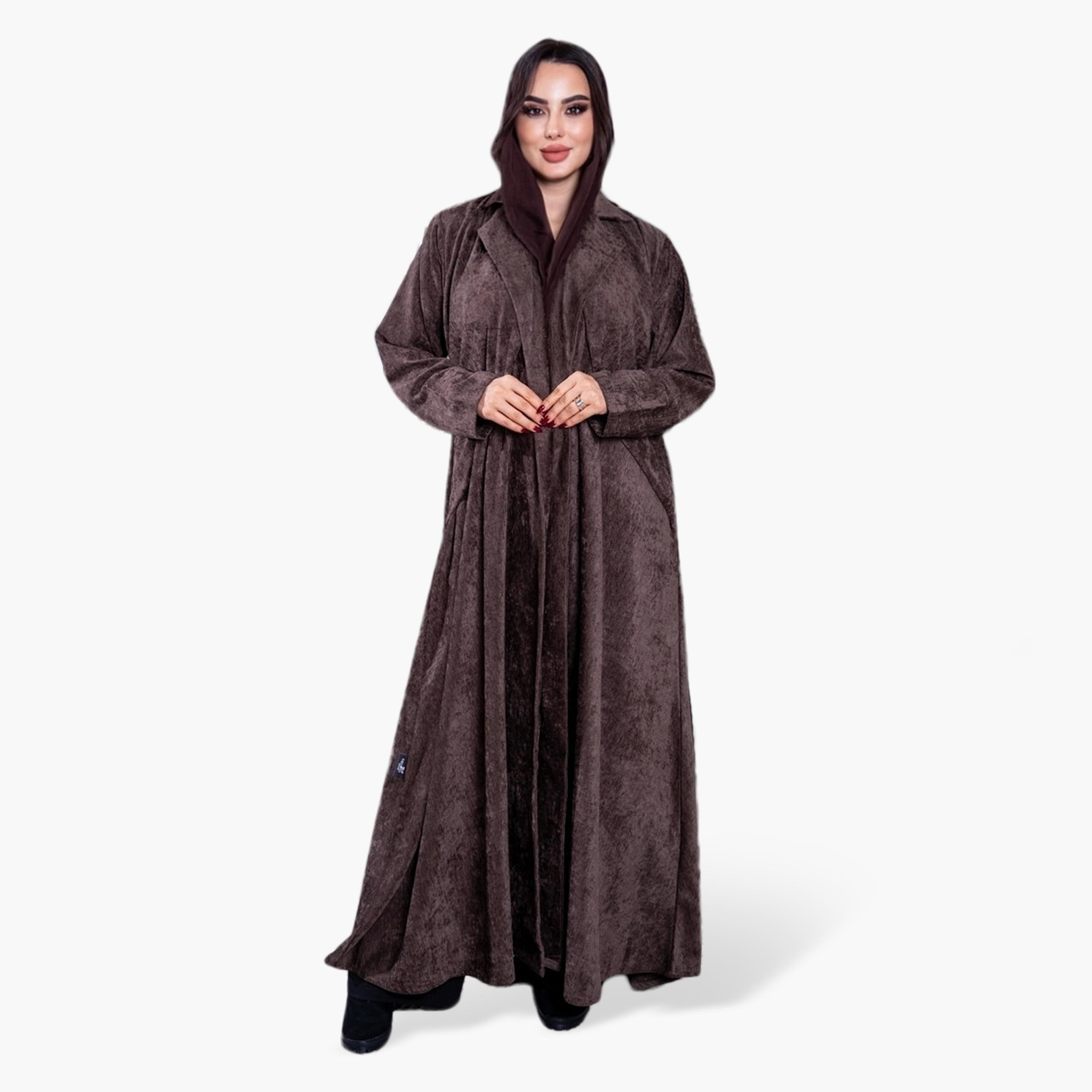 Elegant Hijab Vintage Washed Lapel Collar Velvet Women's Evening Half Cloche Abaya with Hijab-women-arabicclothing-abayas-image-1