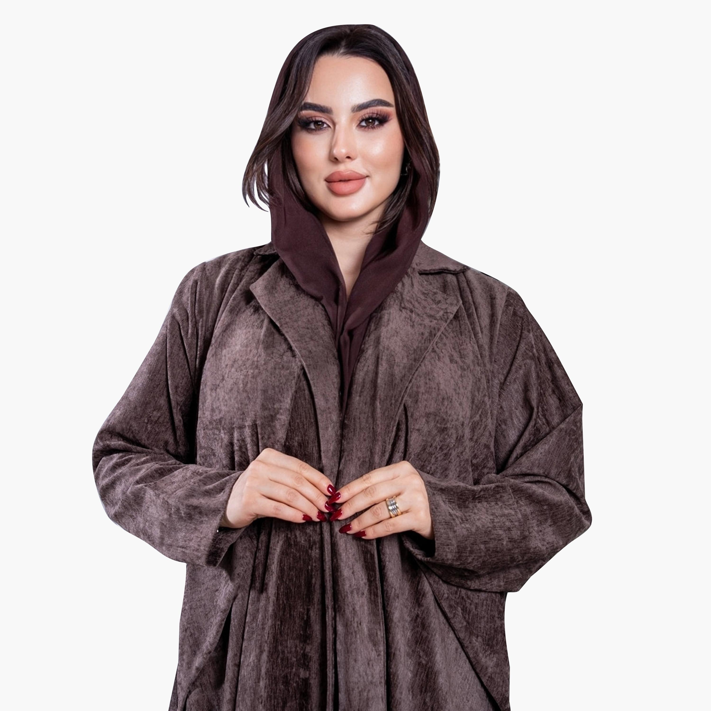 Elegant Hijab Vintage Washed Lapel Collar Velvet Women's Evening Half Cloche Abaya with Hijab-women-arabicclothing-abayas-image-2