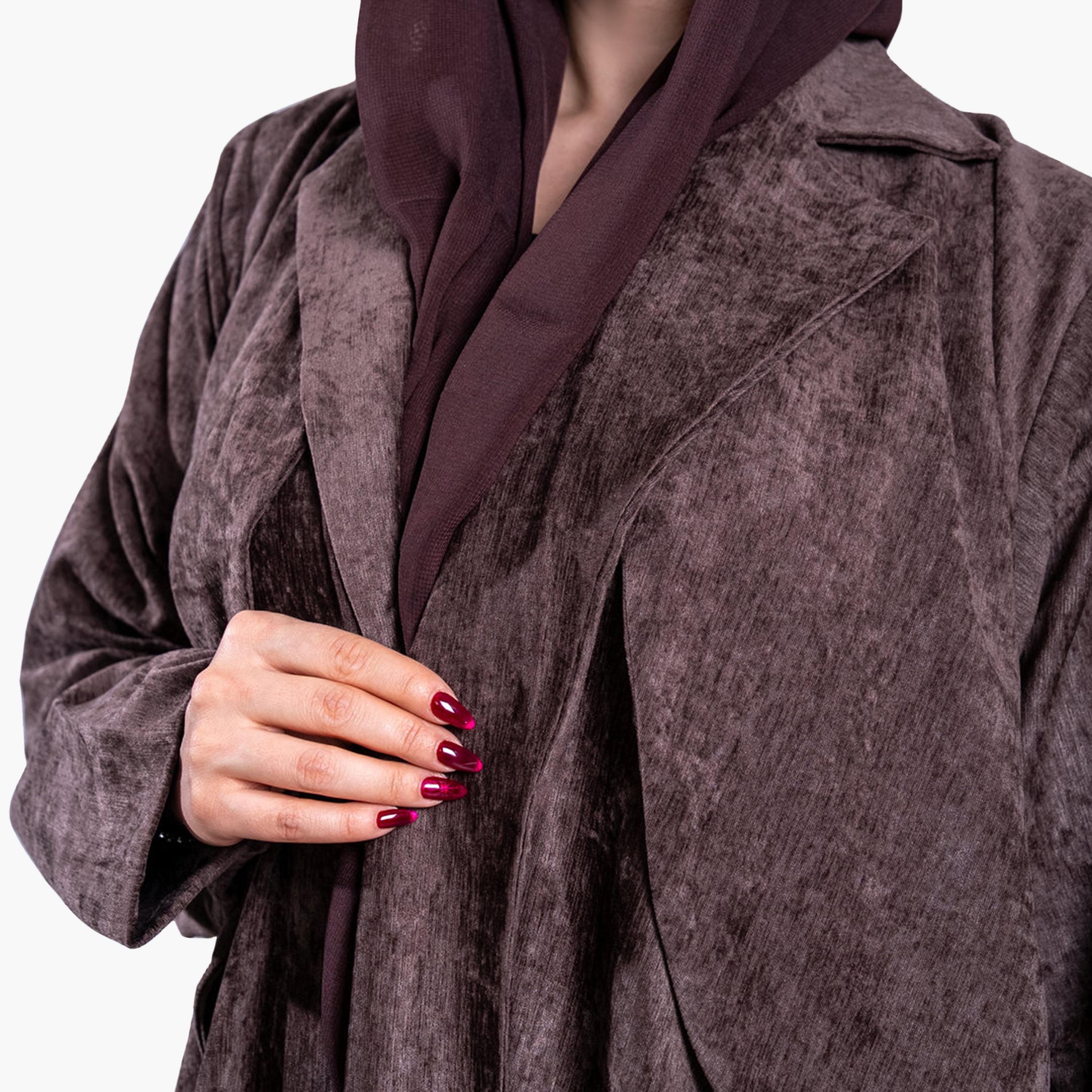 Elegant Hijab Vintage Washed Lapel Collar Velvet Women's Evening Half Cloche Abaya with Hijab-women-arabicclothing-abayas-image-3