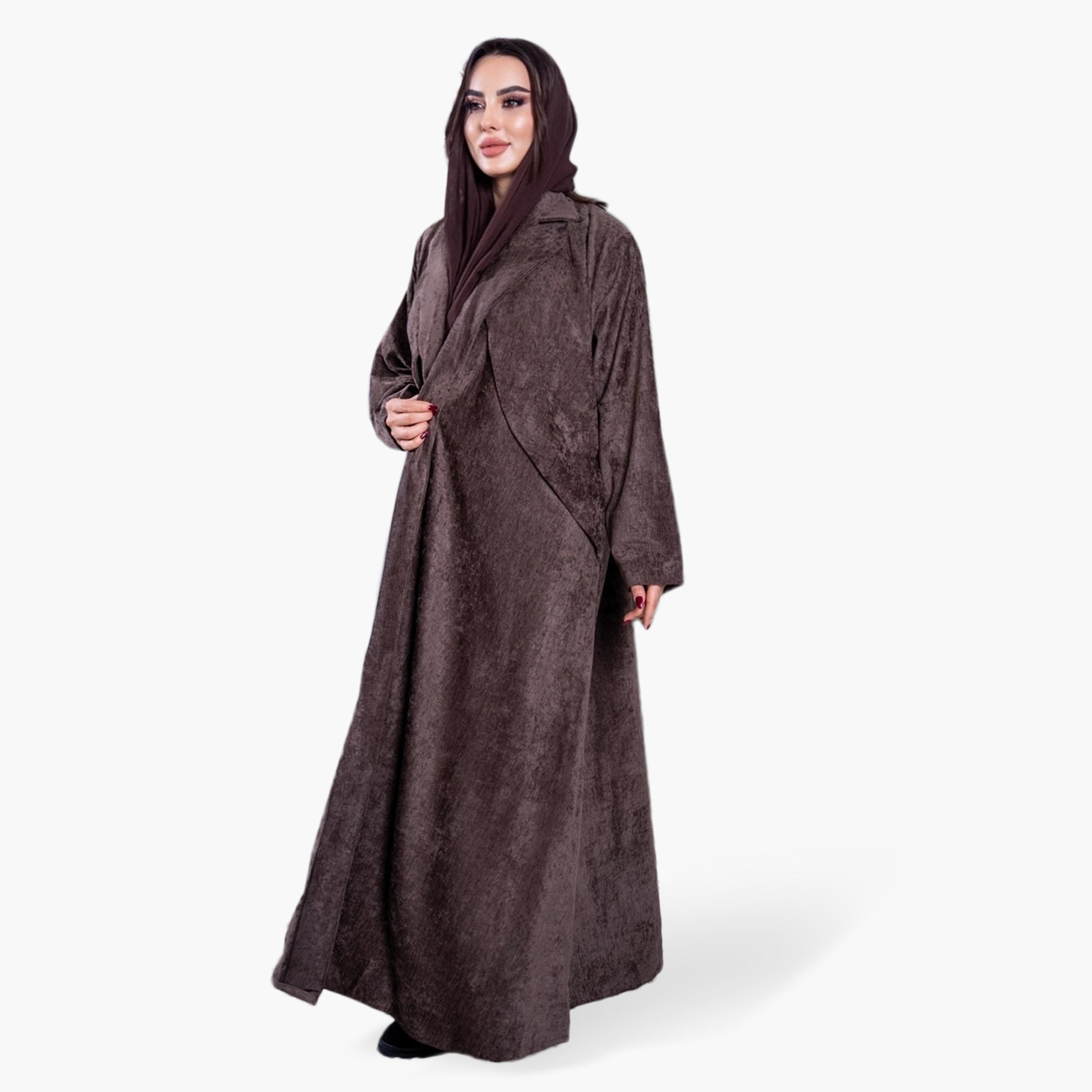 Elegant Hijab Vintage Washed Lapel Collar Velvet Women's Evening Half Cloche Abaya with Hijab-women-arabicclothing-abayas-image-4