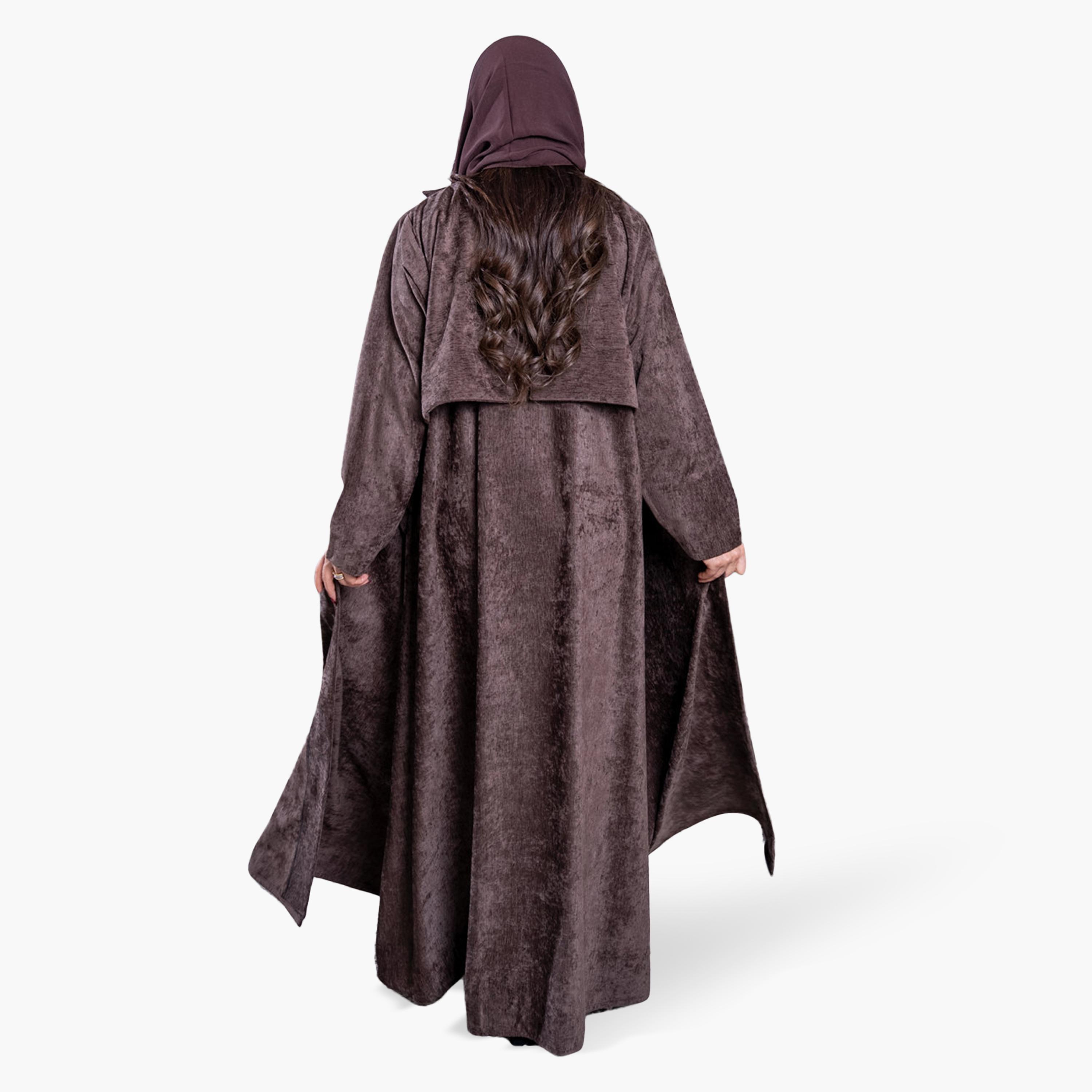 Elegant Hijab Vintage Washed Lapel Collar Velvet Women's Evening Half Cloche Abaya with Hijab-women-arabicclothing-abayas-image-5