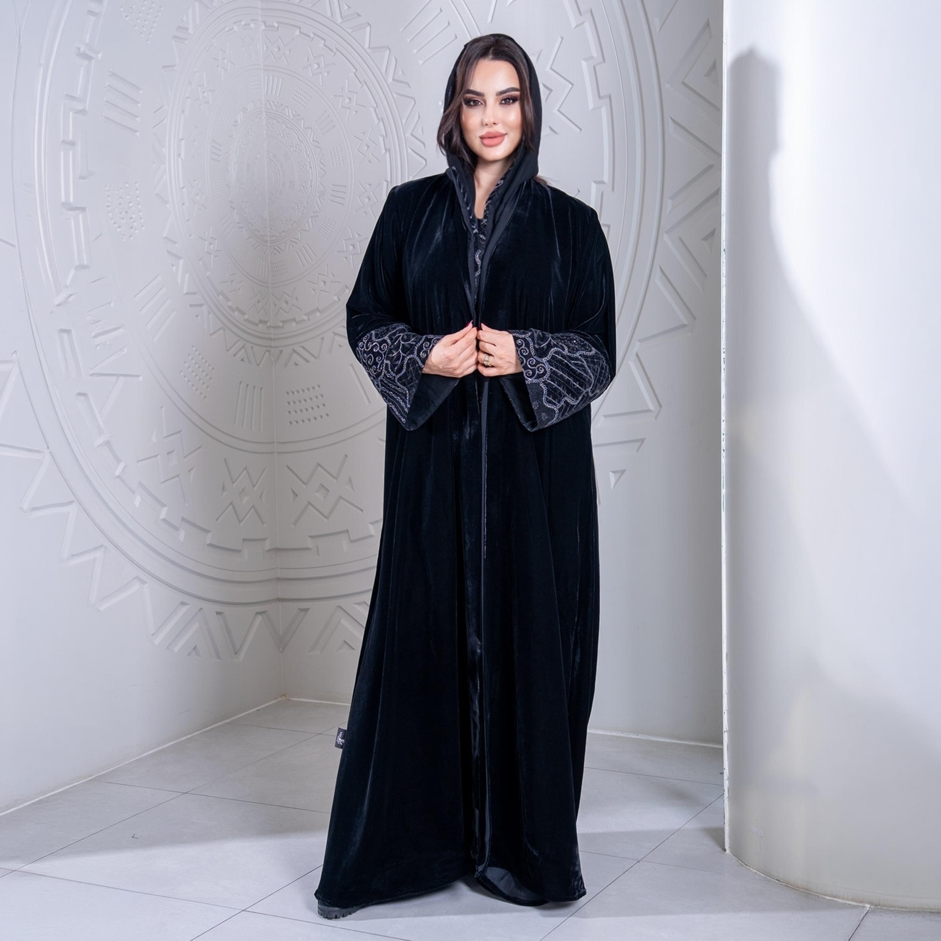 Elegant Hijab Blue Wide Sleeves Velvet Women's Evening Half Cloche Abaya with Hijab-women-arabicclothing-abayas-image-1