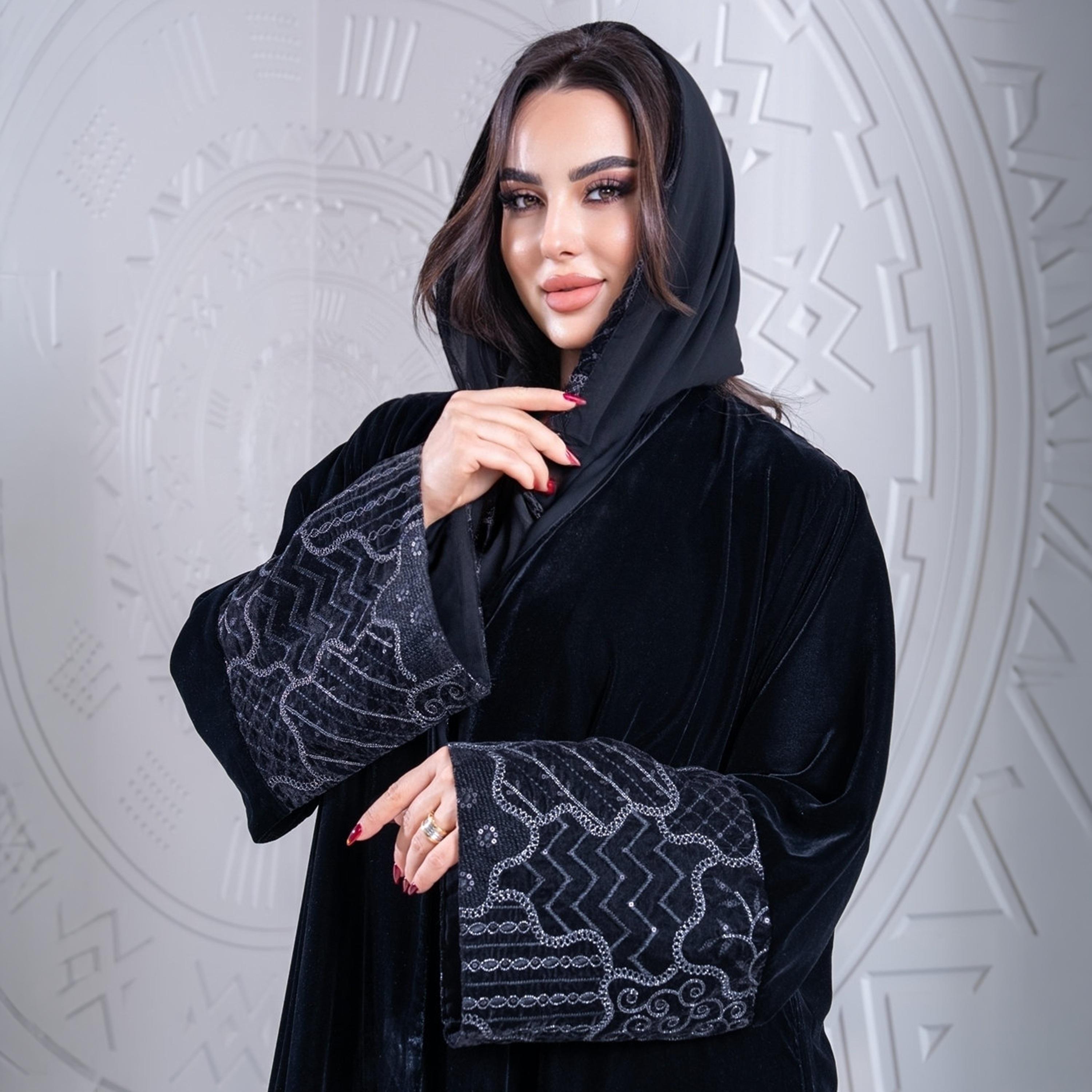 Elegant Hijab Blue Wide Sleeves Velvet Women's Evening Half Cloche Abaya with Hijab-women-arabicclothing-abayas-image-2