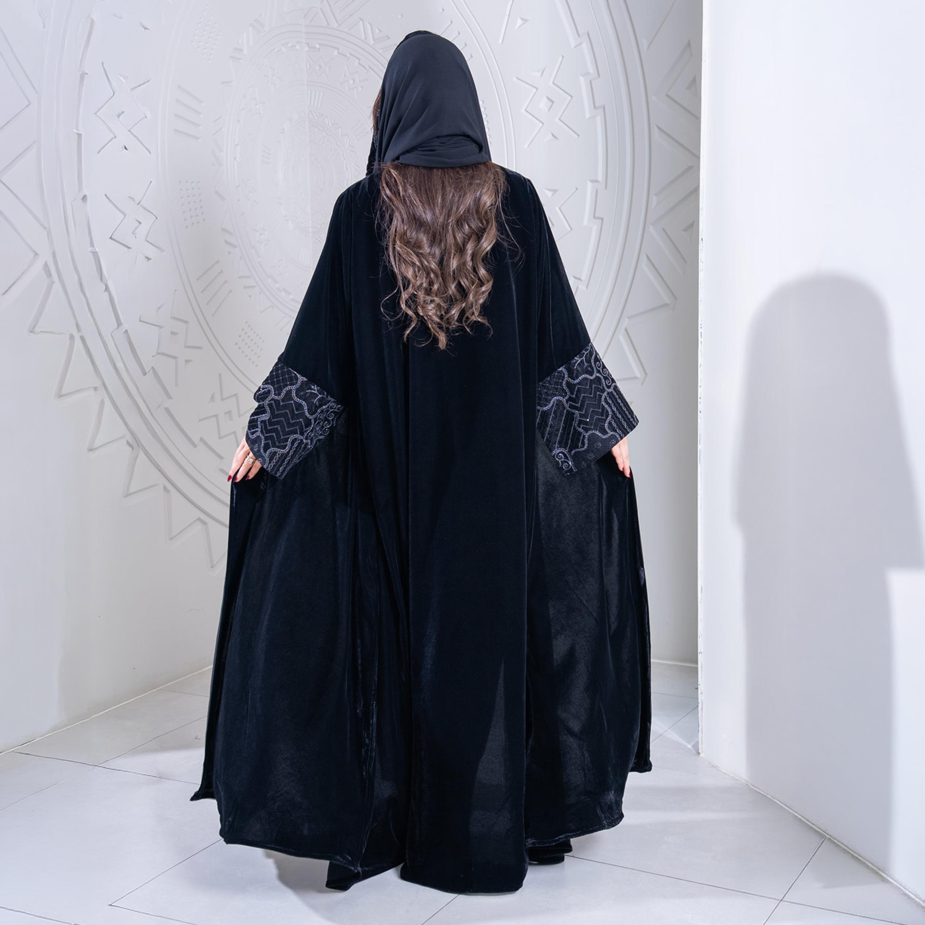 Elegant Hijab Blue Wide Sleeves Velvet Women's Evening Half Cloche Abaya with Hijab-women-arabicclothing-abayas-image-5