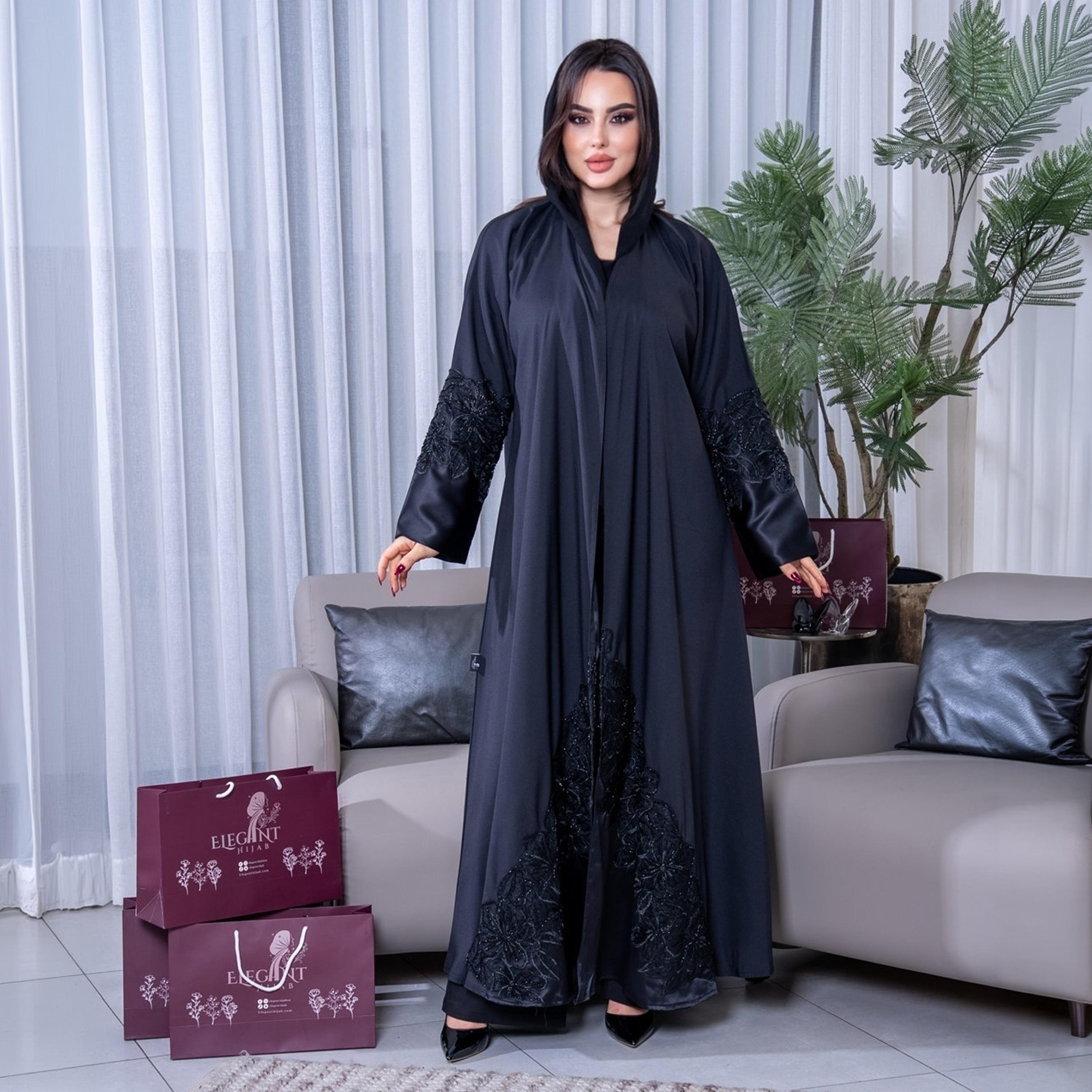 Elegant Hijab Blue Embroidered Crepe Women's Evening Half Cloche Abaya with Hijab-women-arabicclothing-abayas-image-1