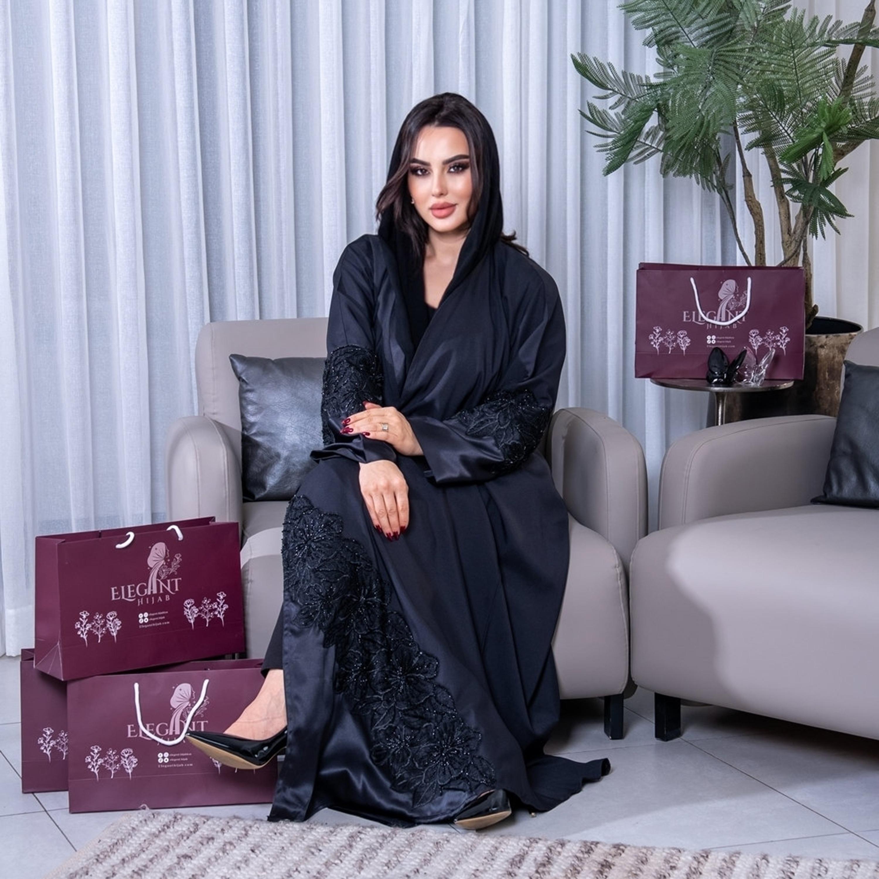 Elegant Hijab Blue Embroidered Crepe Women's Evening Half Cloche Abaya with Hijab-women-arabicclothing-abayas-image-2