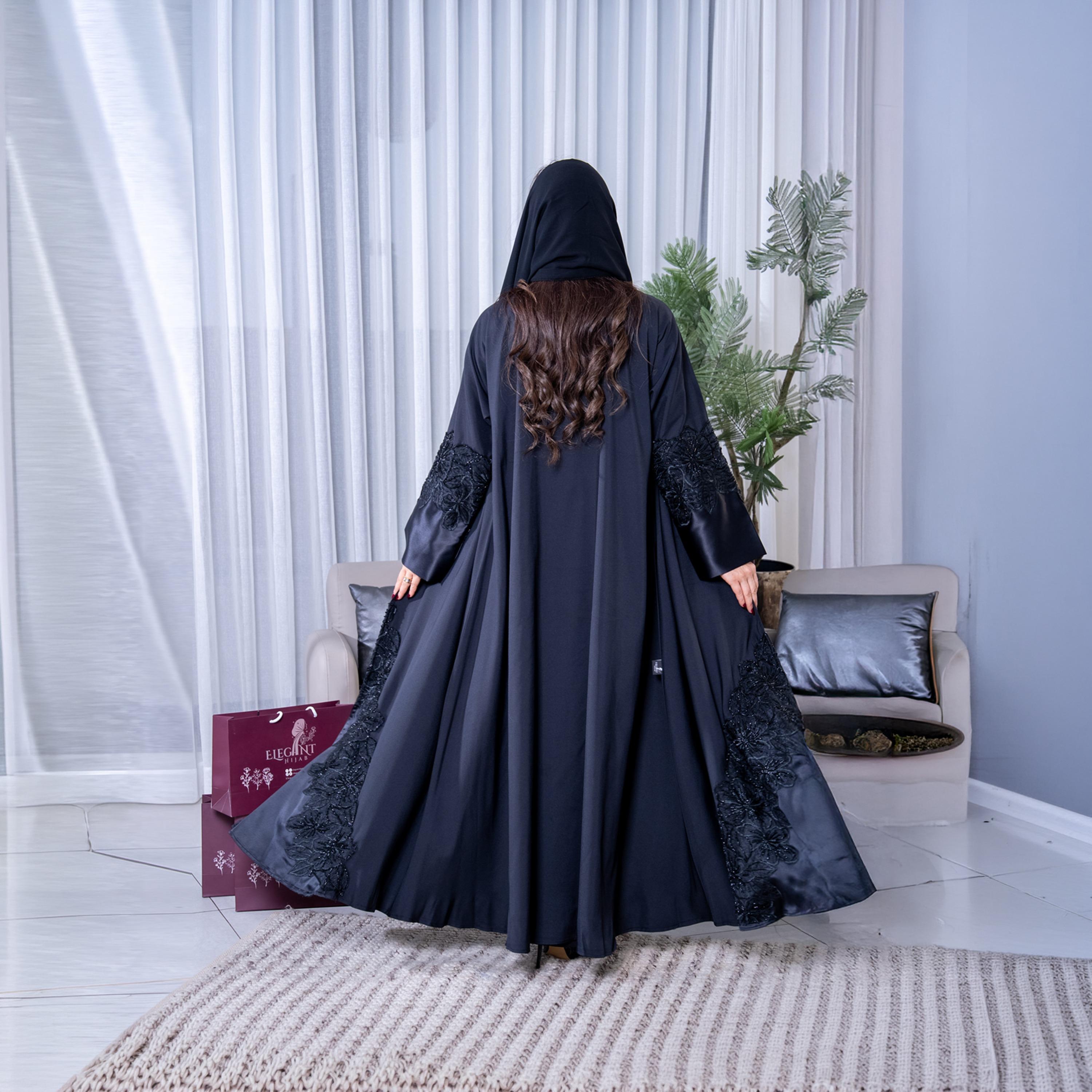 Elegant Hijab Blue Embroidered Crepe Women's Evening Half Cloche Abaya with Hijab-women-arabicclothing-abayas-image-3