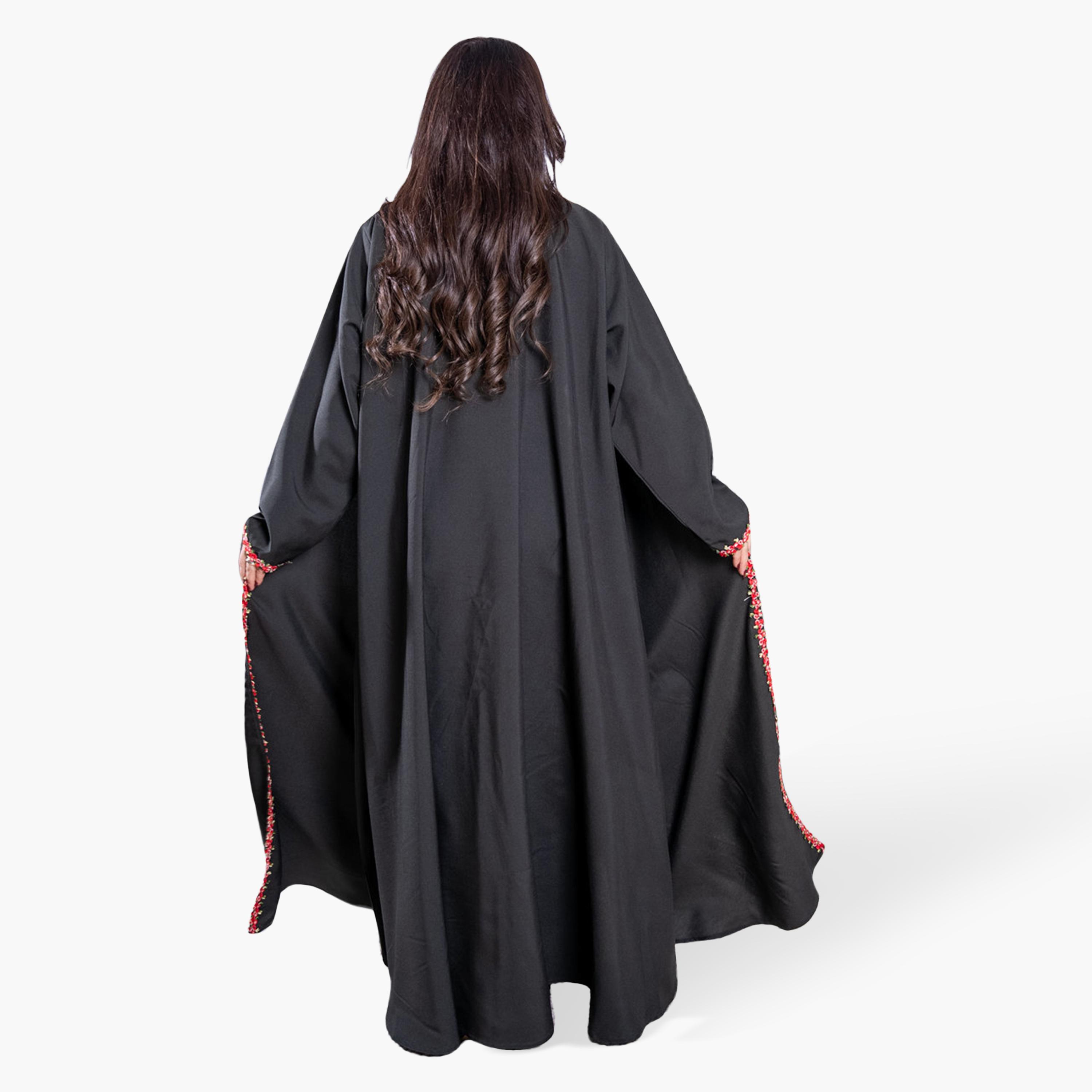 عباية نسائية "نصف كلوش" بتطريز زهور وتفاصيل دانتيل قماش كريب - أسود من إيليجنت حجاب-women-arabicclothing-abayas-image-4