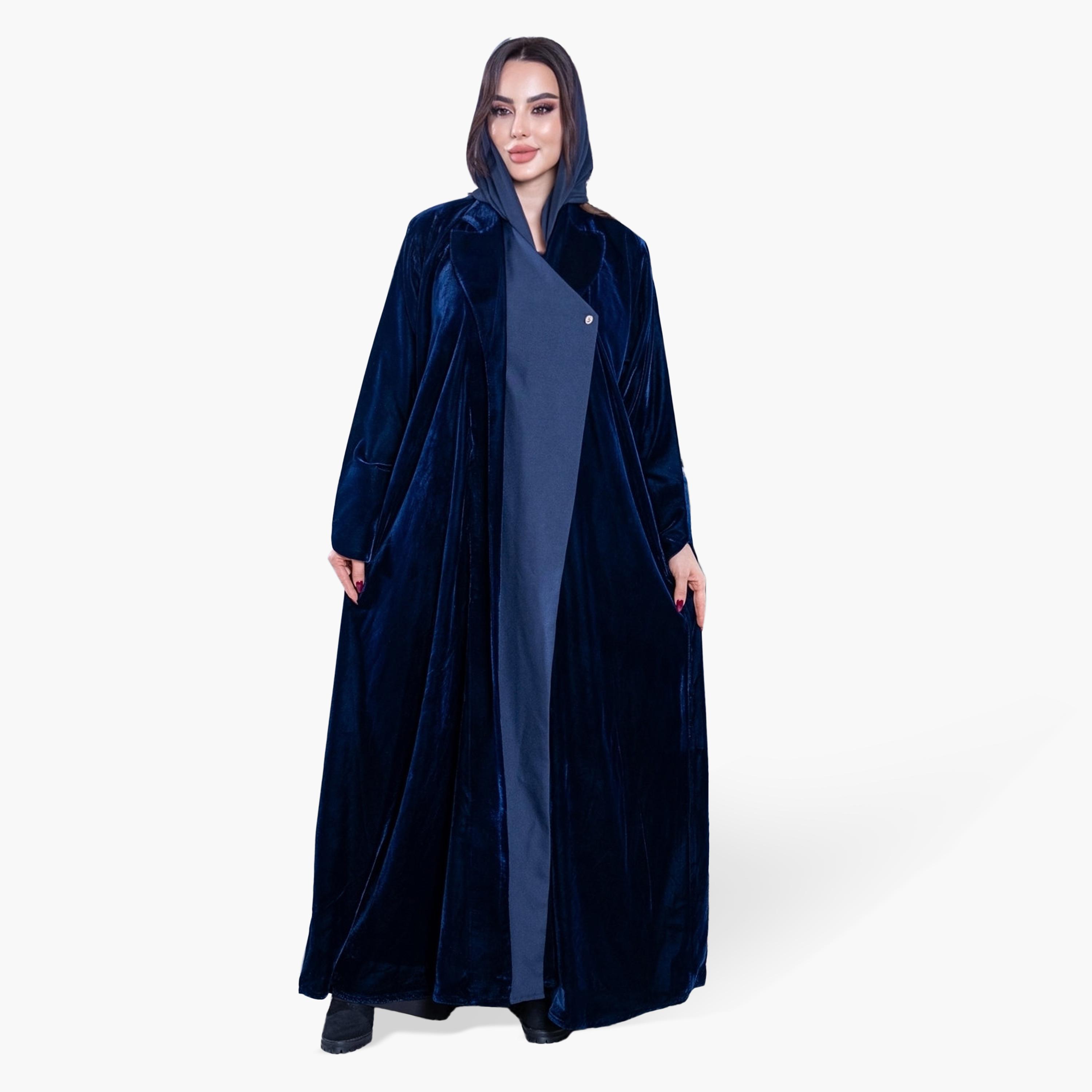Elegant Hijab Blue Lapel Collar Velvet Women's Evening Half Cloche Abaya with Hijab-women-arabicclothing-abayas-image-1