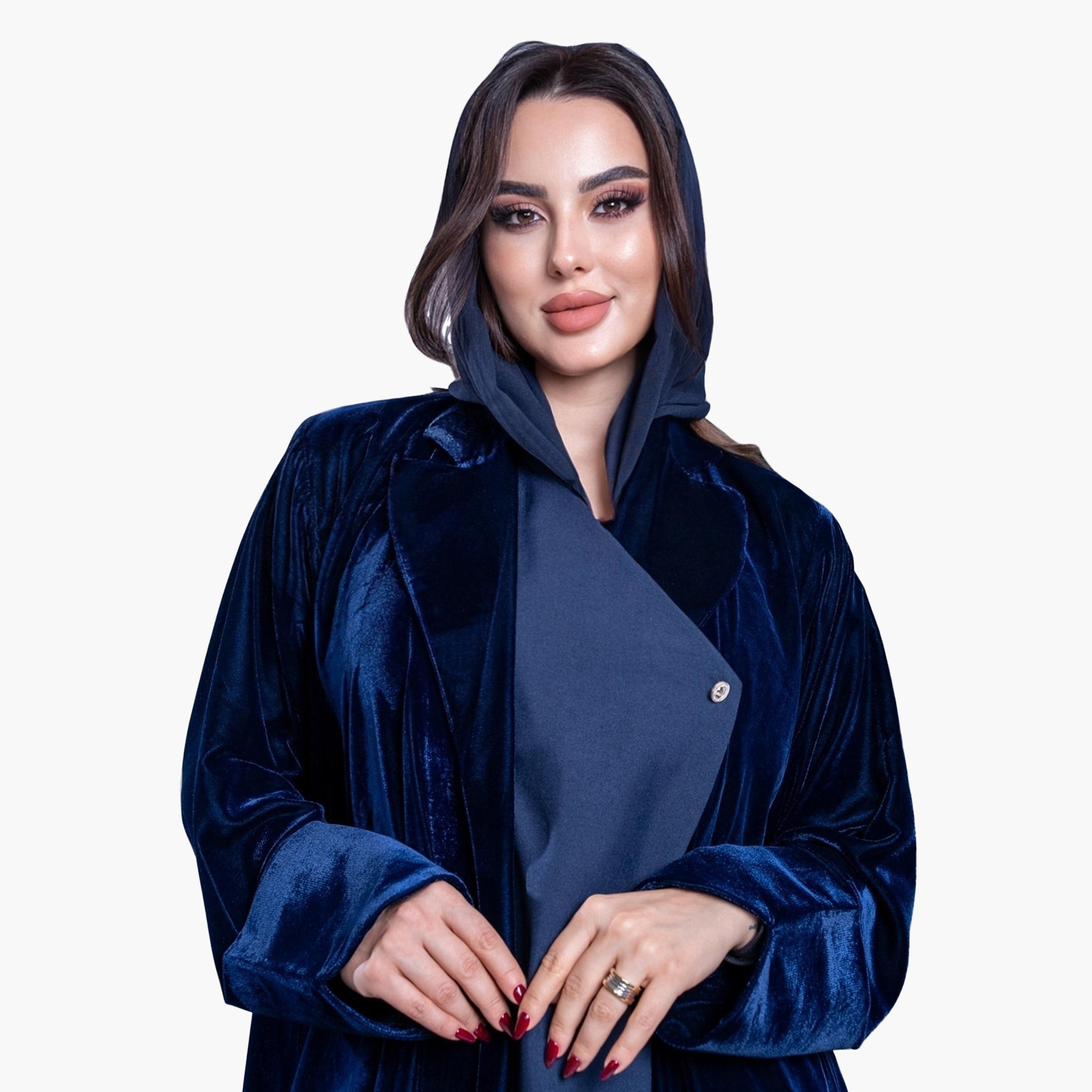 Elegant Hijab Blue Lapel Collar Velvet Women's Evening Half Cloche Abaya with Hijab-women-arabicclothing-abayas-image-2