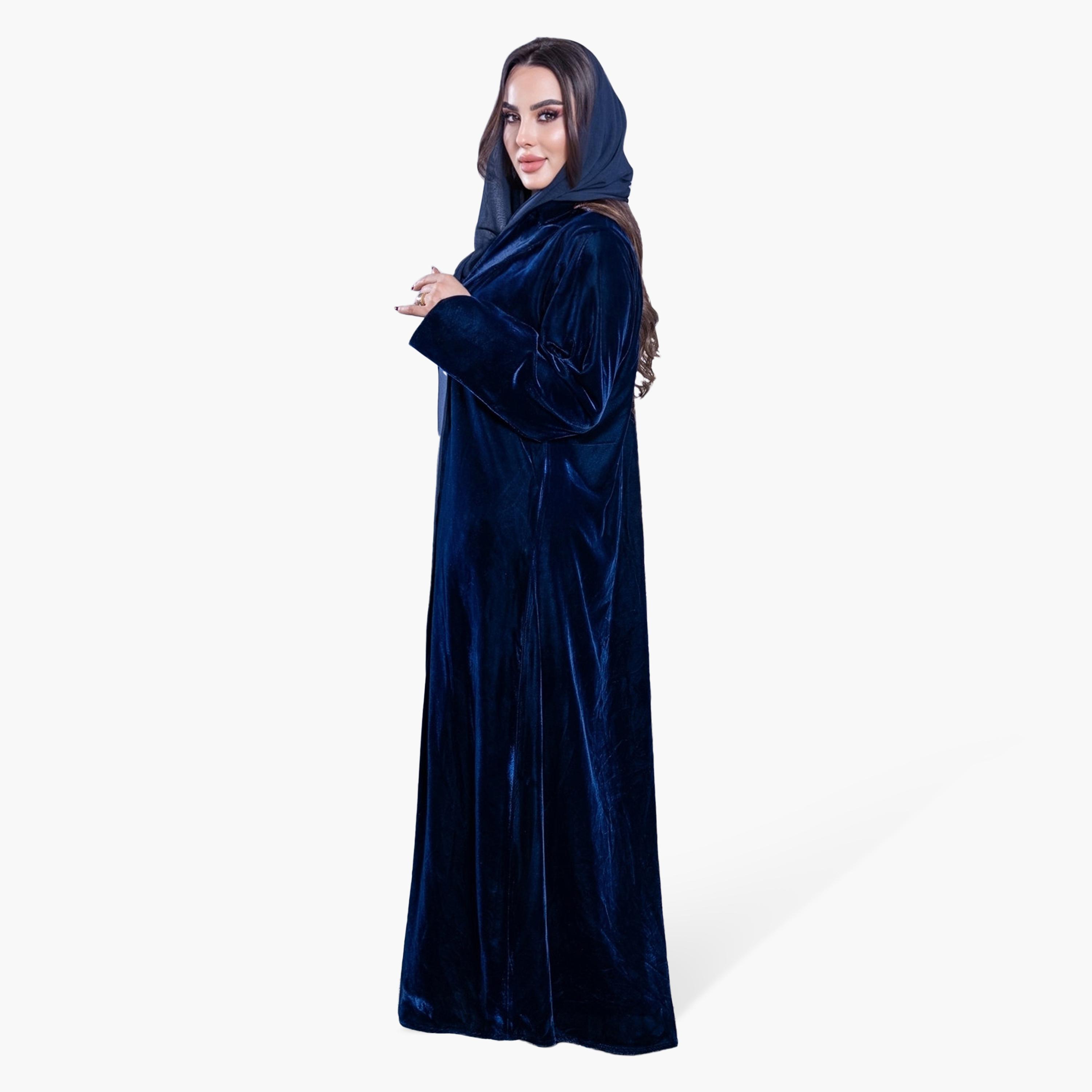 Elegant Hijab Blue Lapel Collar Velvet Women's Evening Half Cloche Abaya with Hijab-women-arabicclothing-abayas-image-4