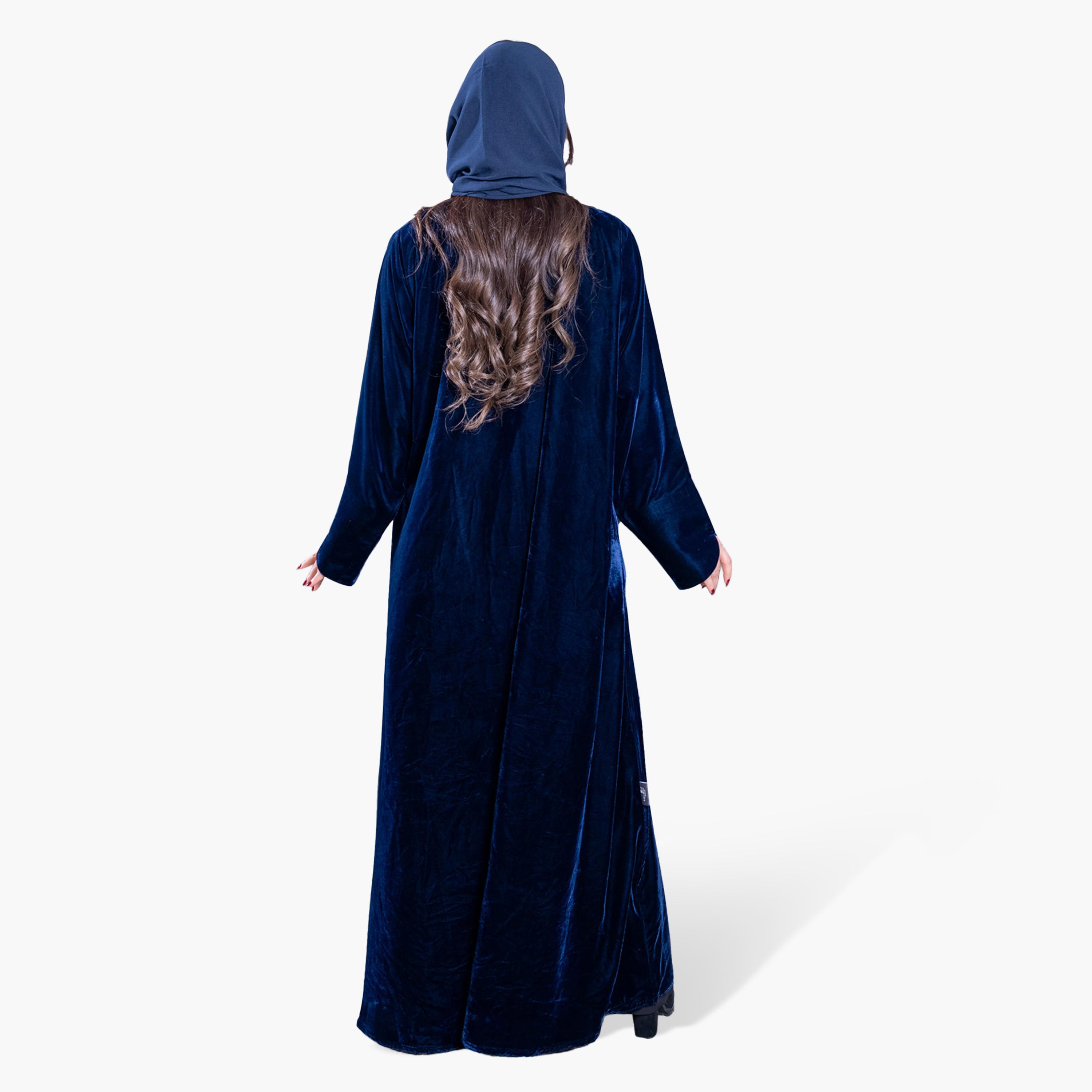 Elegant Hijab Blue Lapel Collar Velvet Women's Evening Half Cloche Abaya with Hijab-women-arabicclothing-abayas-image-5