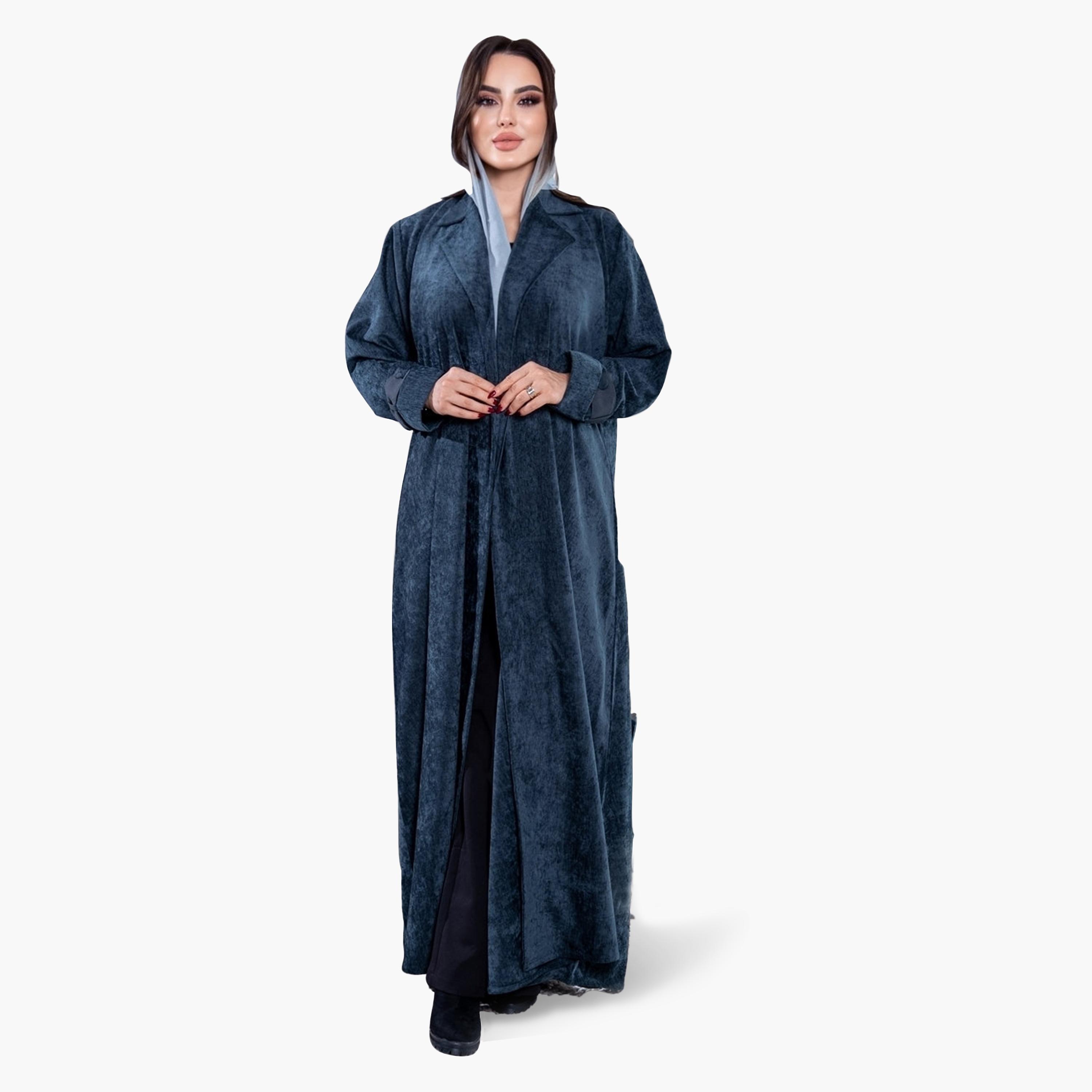 Elegant Hijab Blue Vintage Washed Lapel Collar Velvet Women's Evening Half Cloche Abaya with Hijab-women-arabicclothing-abayas-image-1