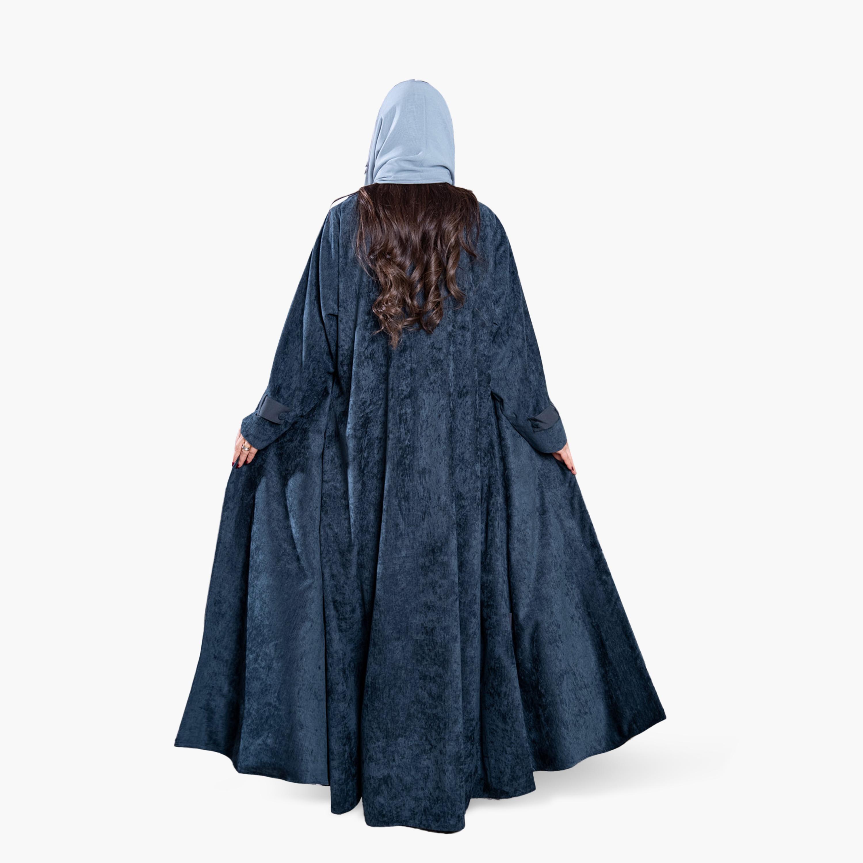 Elegant Hijab Blue Vintage Washed Lapel Collar Velvet Women's Evening Half Cloche Abaya with Hijab-women-arabicclothing-abayas-image-4