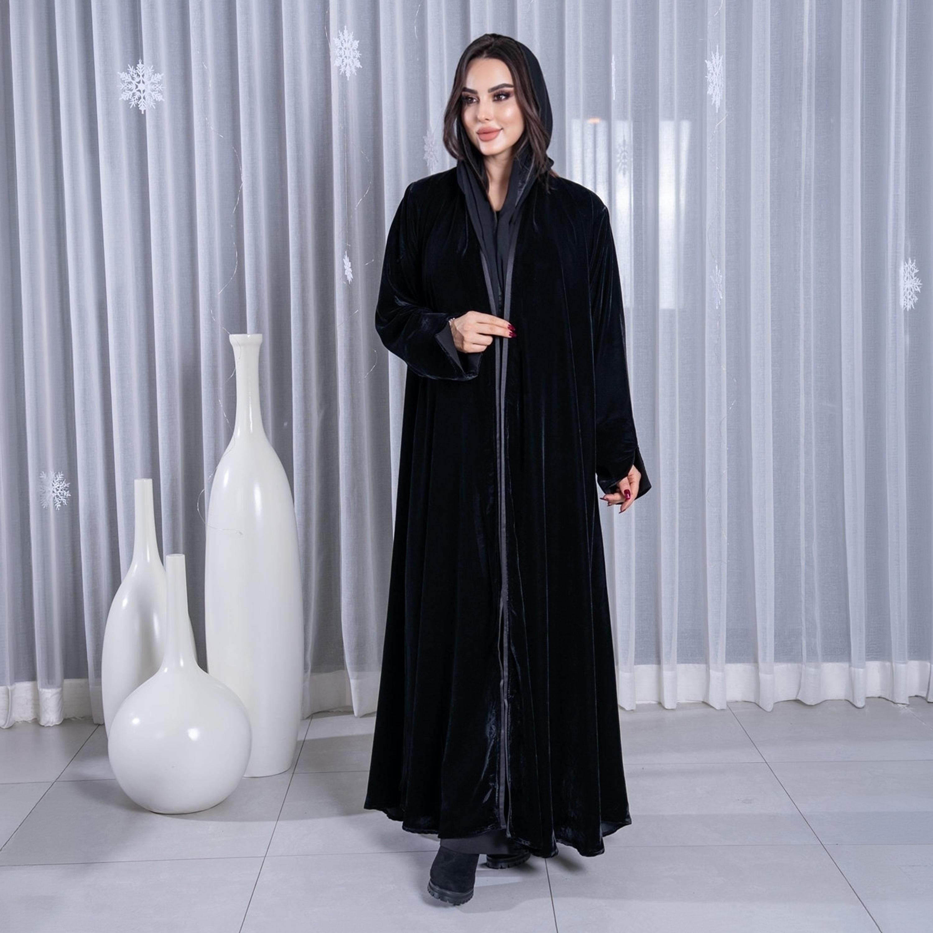 Elegant Hijab Velvet Women's Evening Half Cloche Abaya with Hijab-women-arabicclothing-abayas-image-1