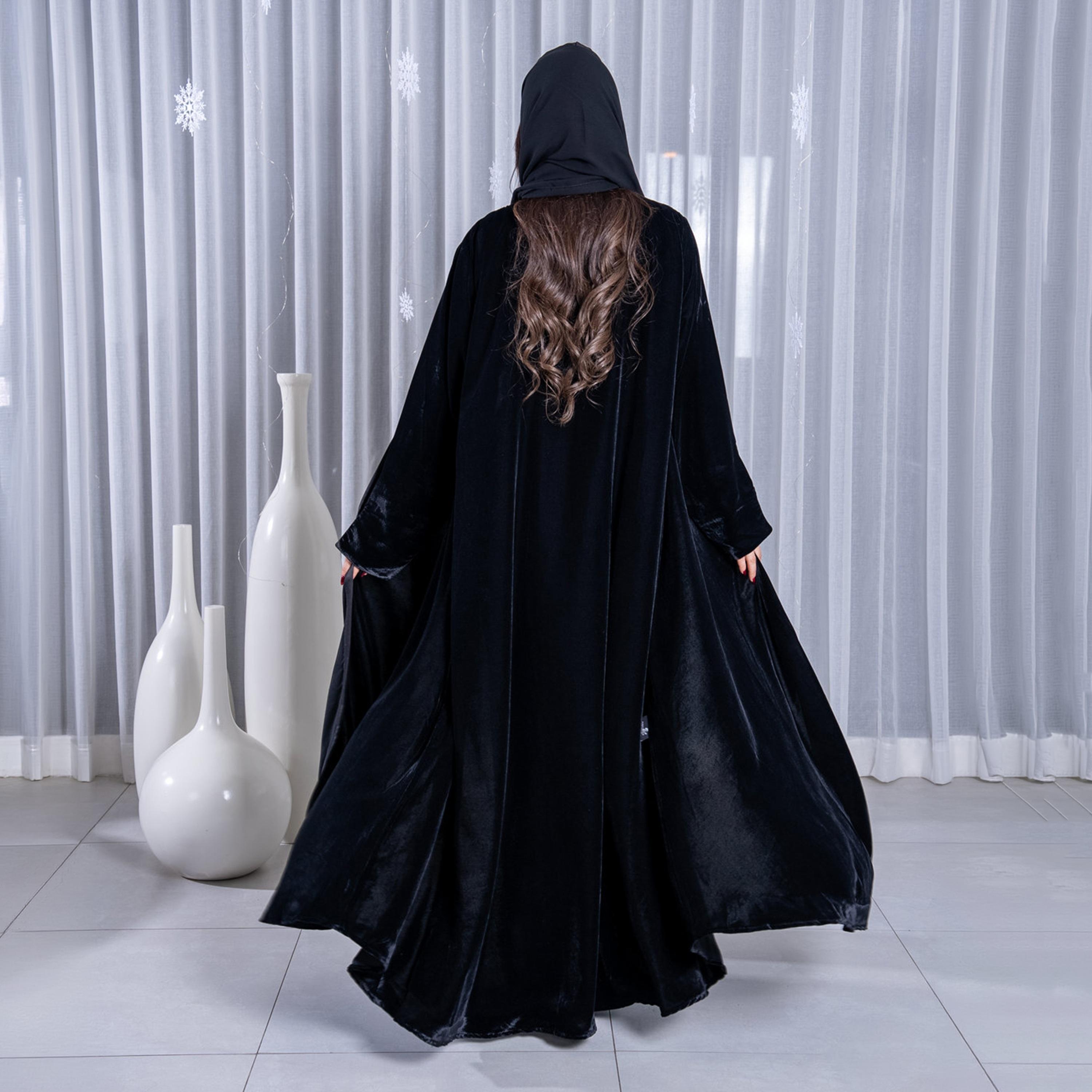 Elegant Hijab Velvet Women's Evening Half Cloche Abaya with Hijab-women-arabicclothing-abayas-image-5