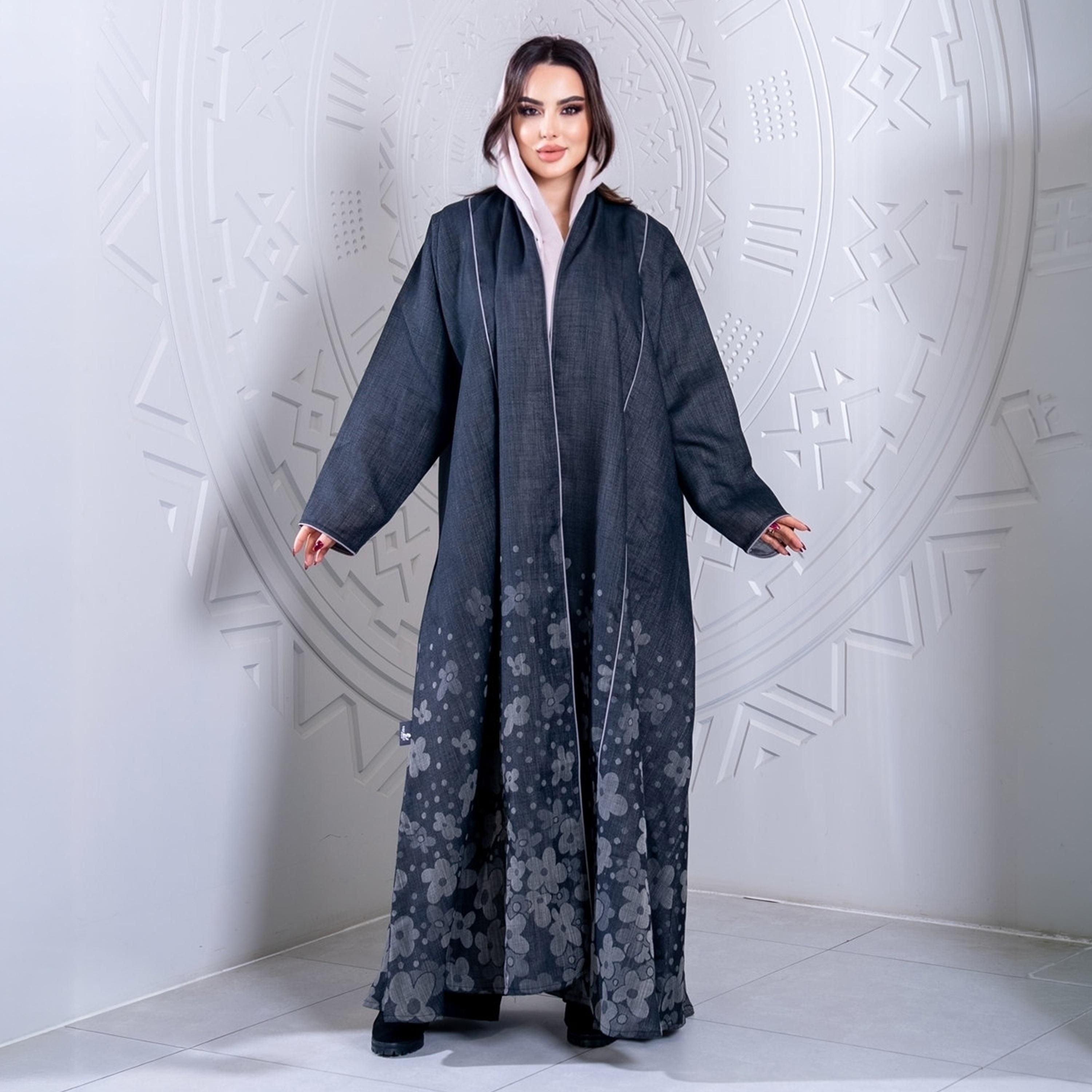 Elegant Hijab Grey Floral Print Crepe Women's Half Cloche Abaya with Hijab-women-arabicclothing-abayas-image-1