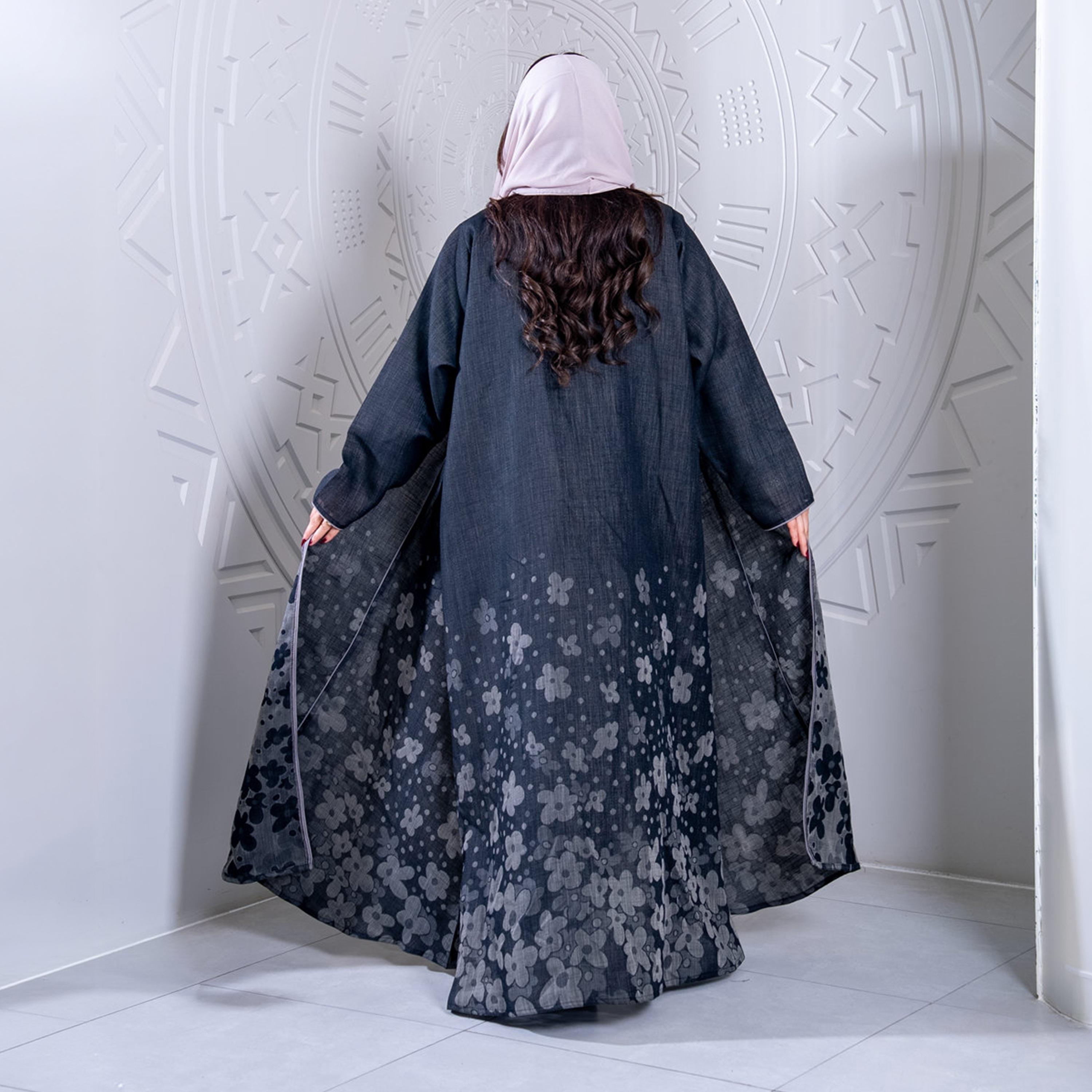 Elegant Hijab Grey Floral Print Crepe Women's Half Cloche Abaya with Hijab-women-arabicclothing-abayas-image-5