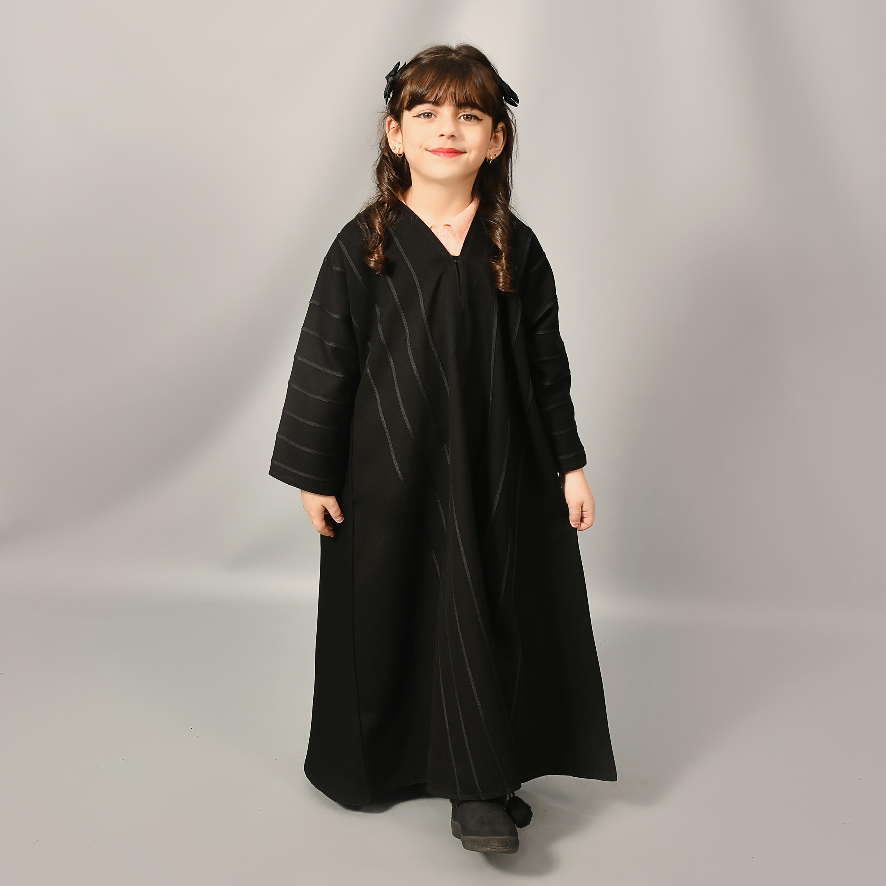 Hawraa Black Linen Girl's Abaya-girls-arabicclothing-abayas-image-1
