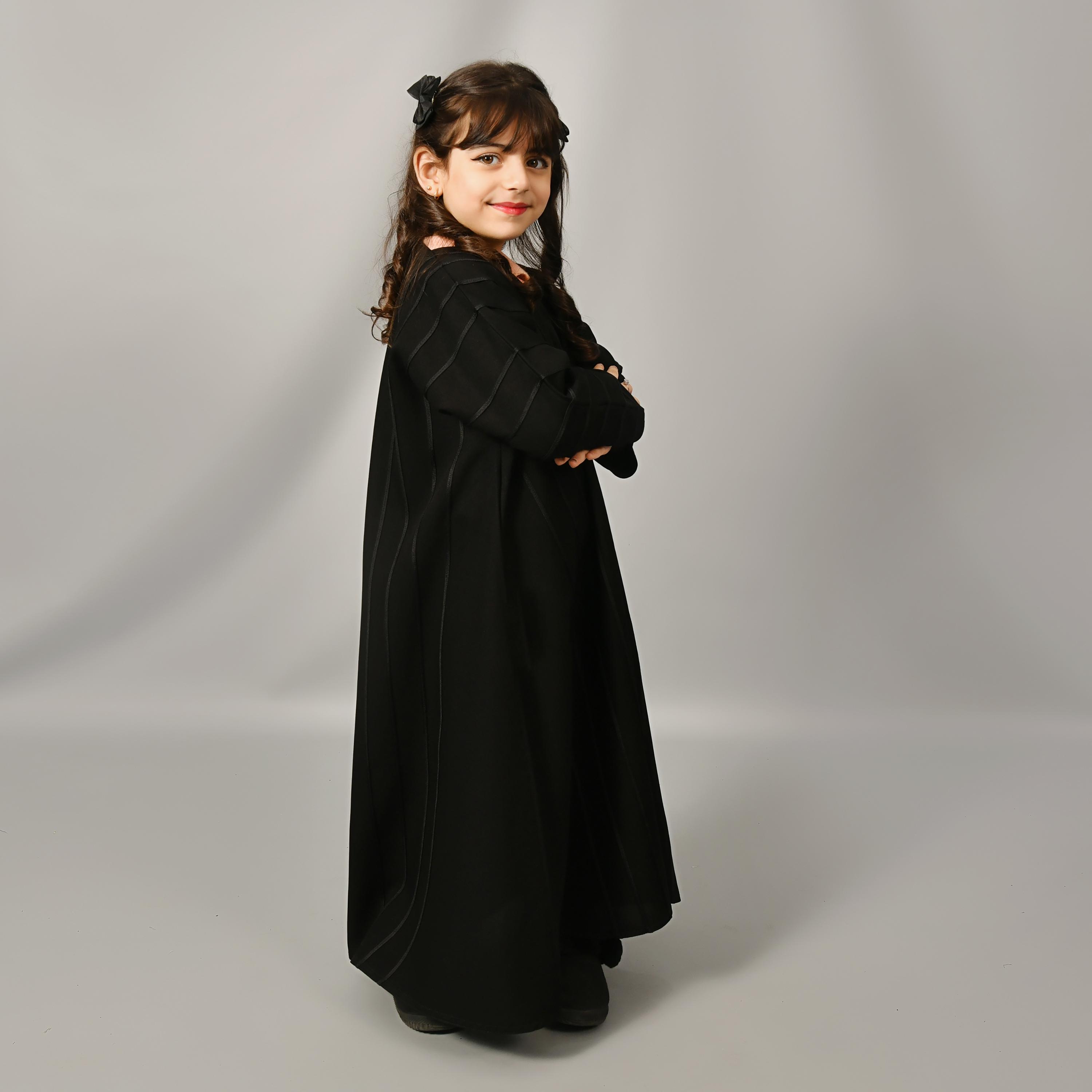 Hawraa Black Linen Girl's Abaya-girls-arabicclothing-abayas-image-3