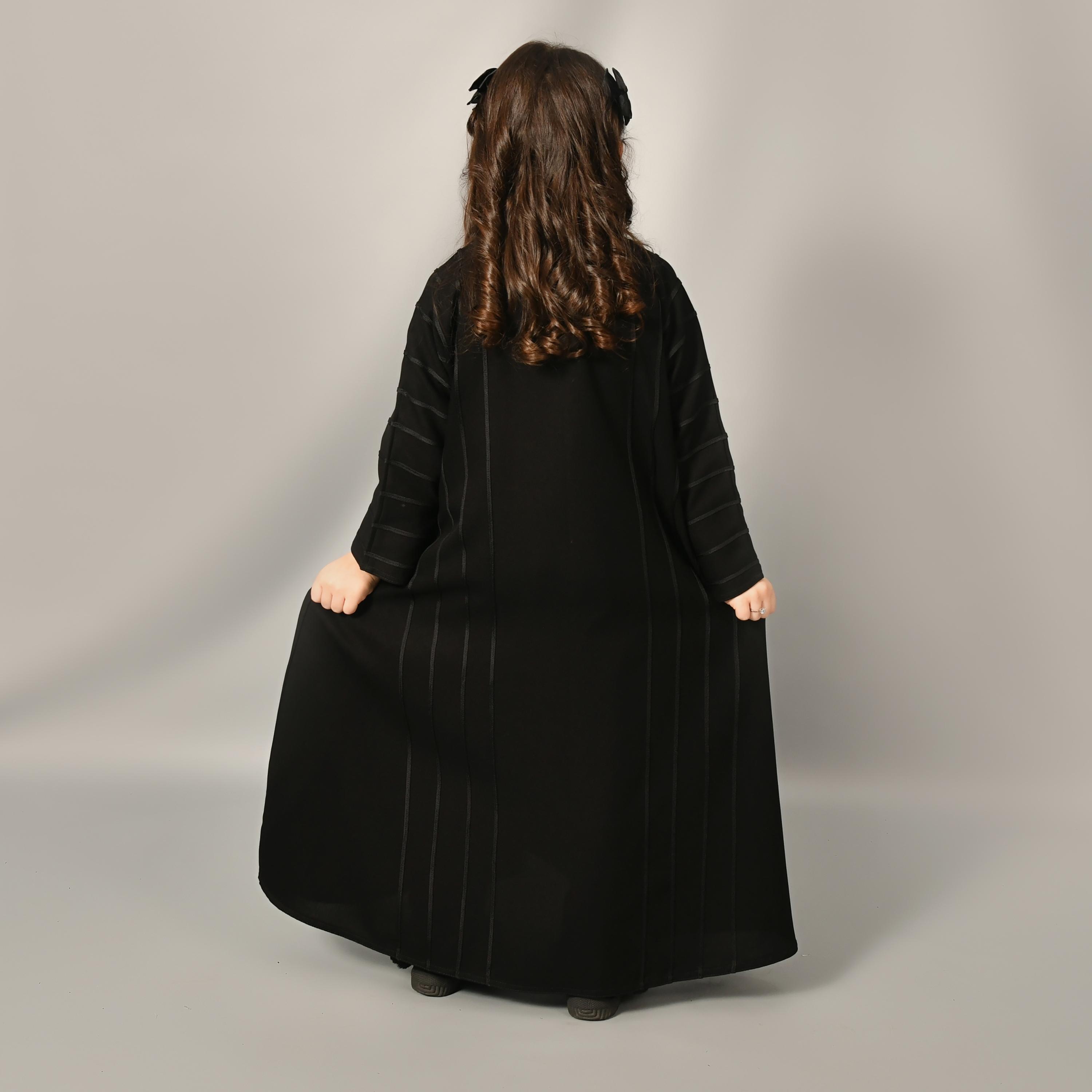 Hawraa Black Linen Girl's Abaya-girls-arabicclothing-abayas-image-5