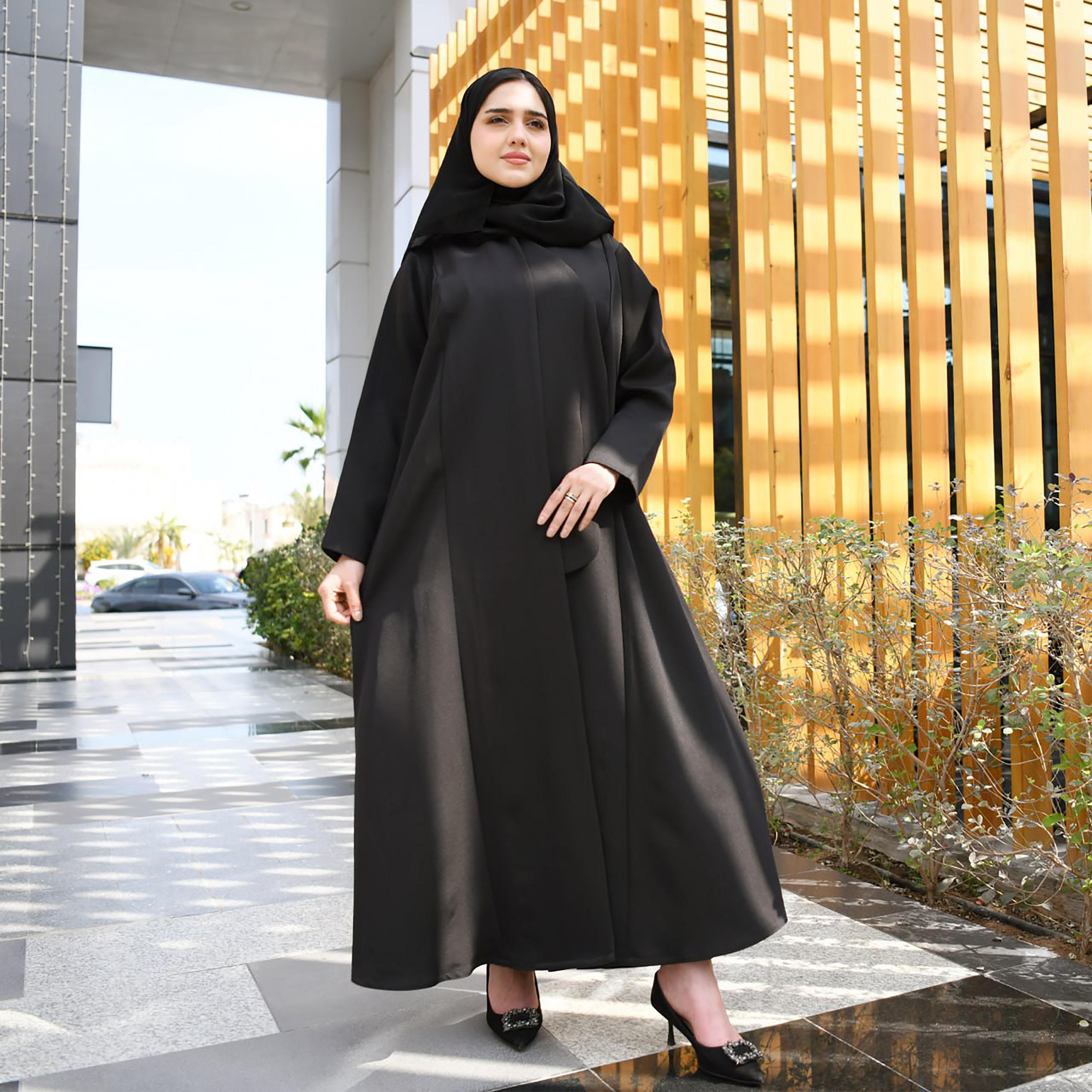 Hawraa Black Linen Abaya with Hijab-women-arabicclothing-abayas-image-1
