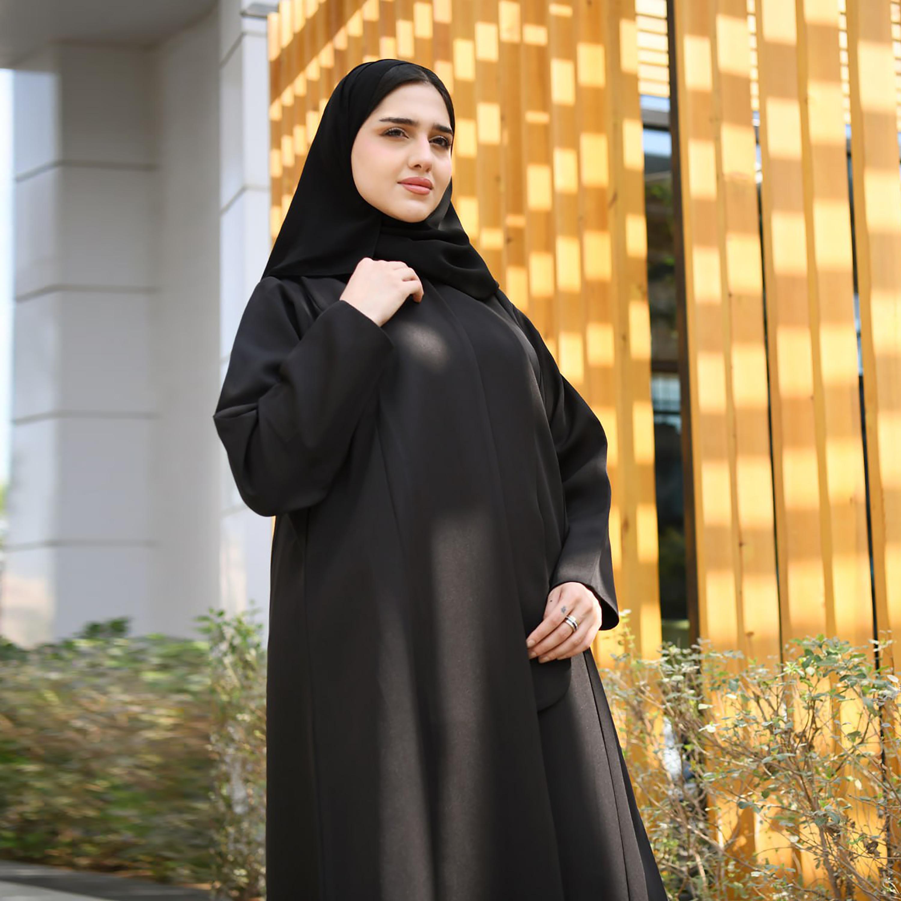 Hawraa Black Linen Abaya with Hijab-women-arabicclothing-abayas-image-2