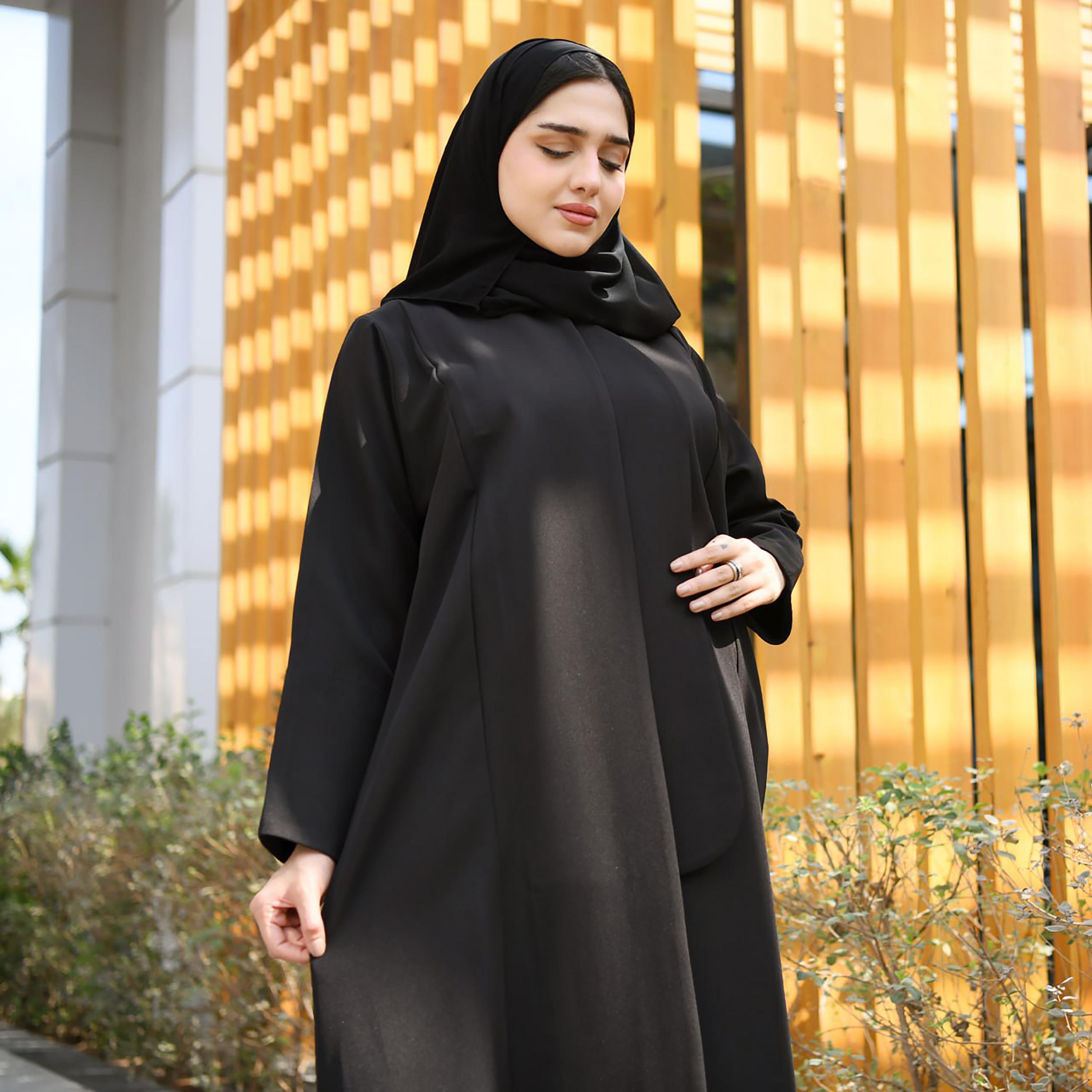 Hawraa Black Linen Abaya with Hijab-women-arabicclothing-abayas-image-3