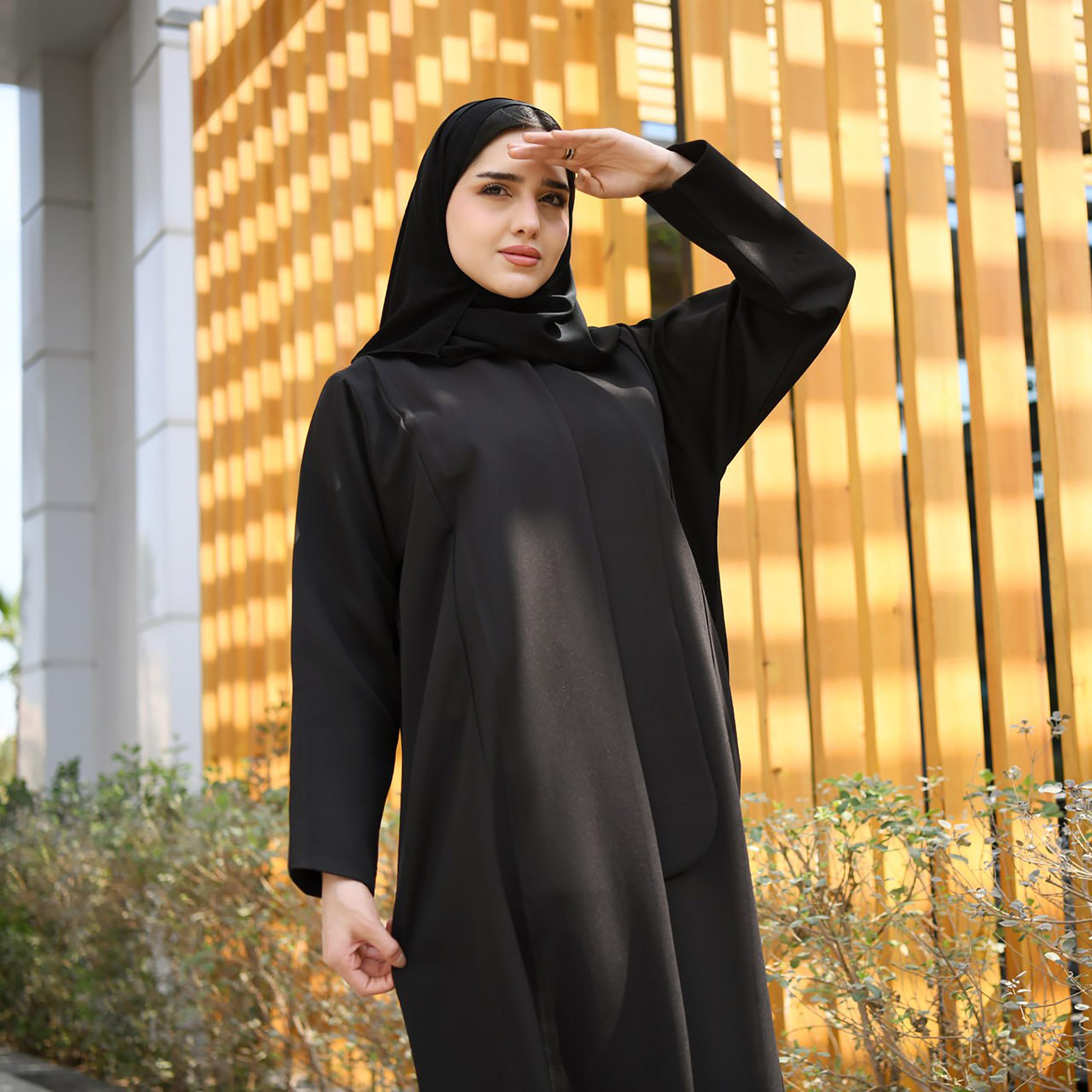 Hawraa Black Linen Abaya with Hijab-women-arabicclothing-abayas-image-4