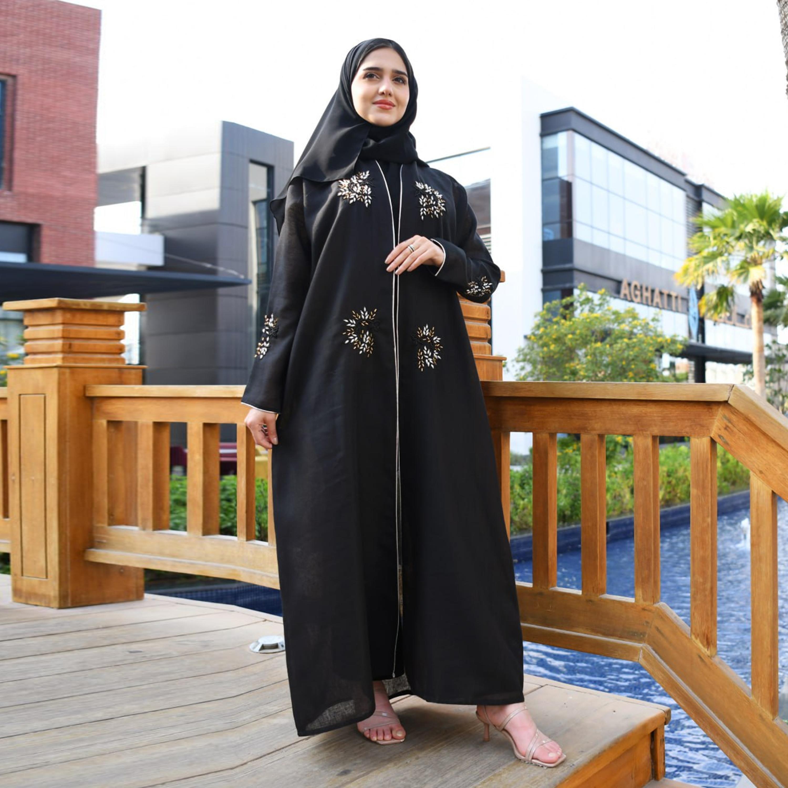 Hawraa Abaya Black Beaded Linen Women's Abaya with Hijab-women-arabicclothing-abayas-image-1