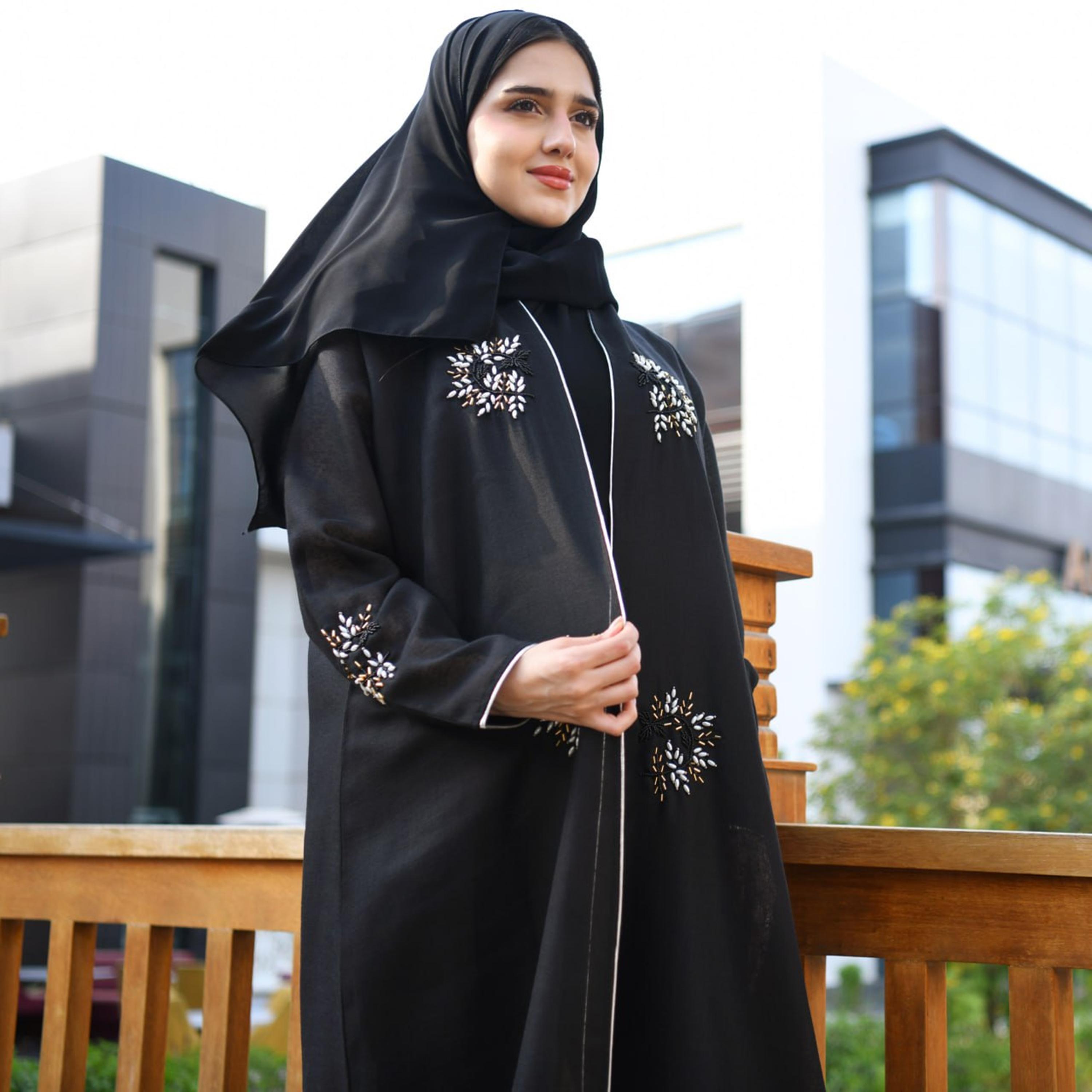 Hawraa Abaya Black Beaded Linen Women's Abaya with Hijab-women-arabicclothing-abayas-image-2
