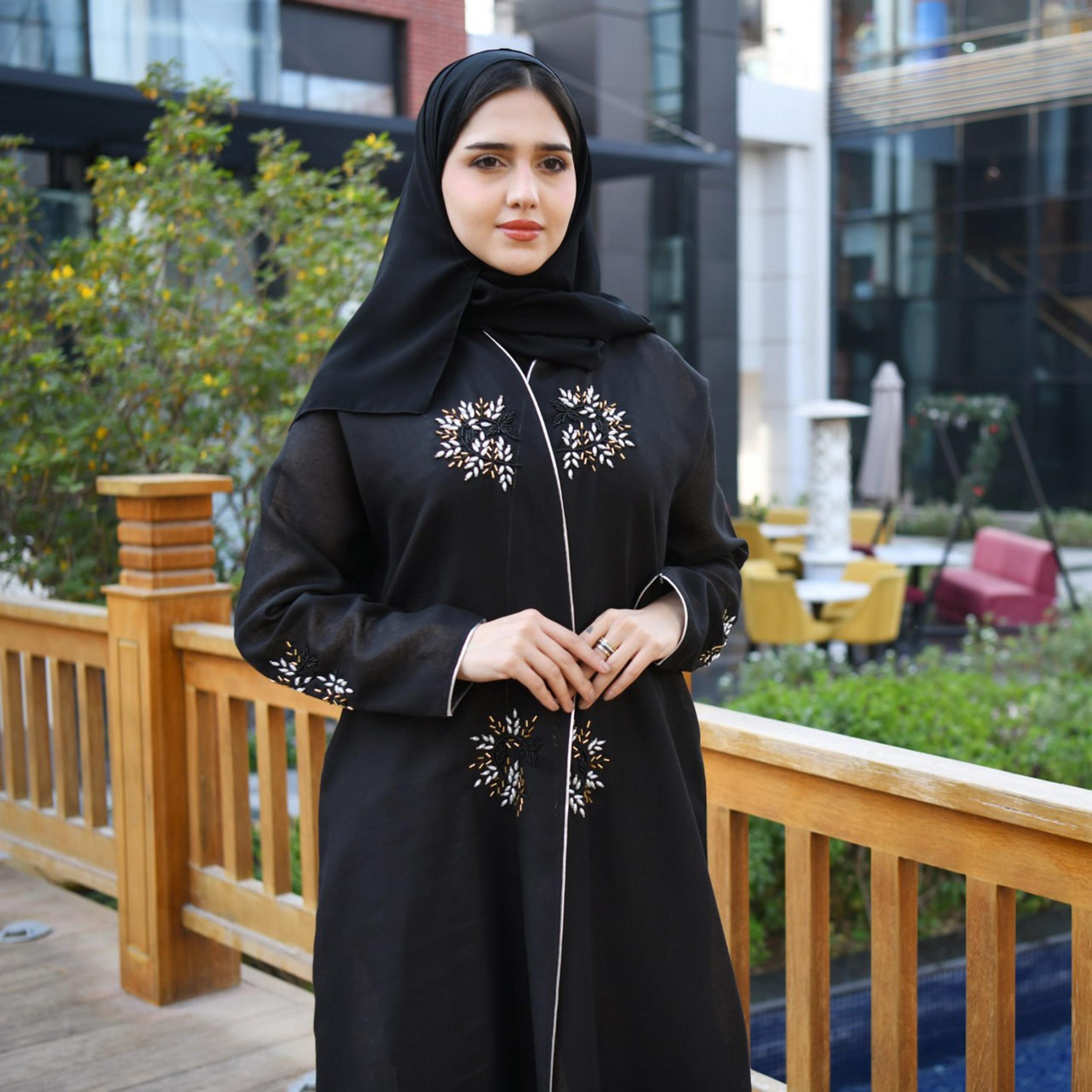 Hawraa Abaya Black Beaded Linen Women's Abaya with Hijab-women-arabicclothing-abayas-image-3