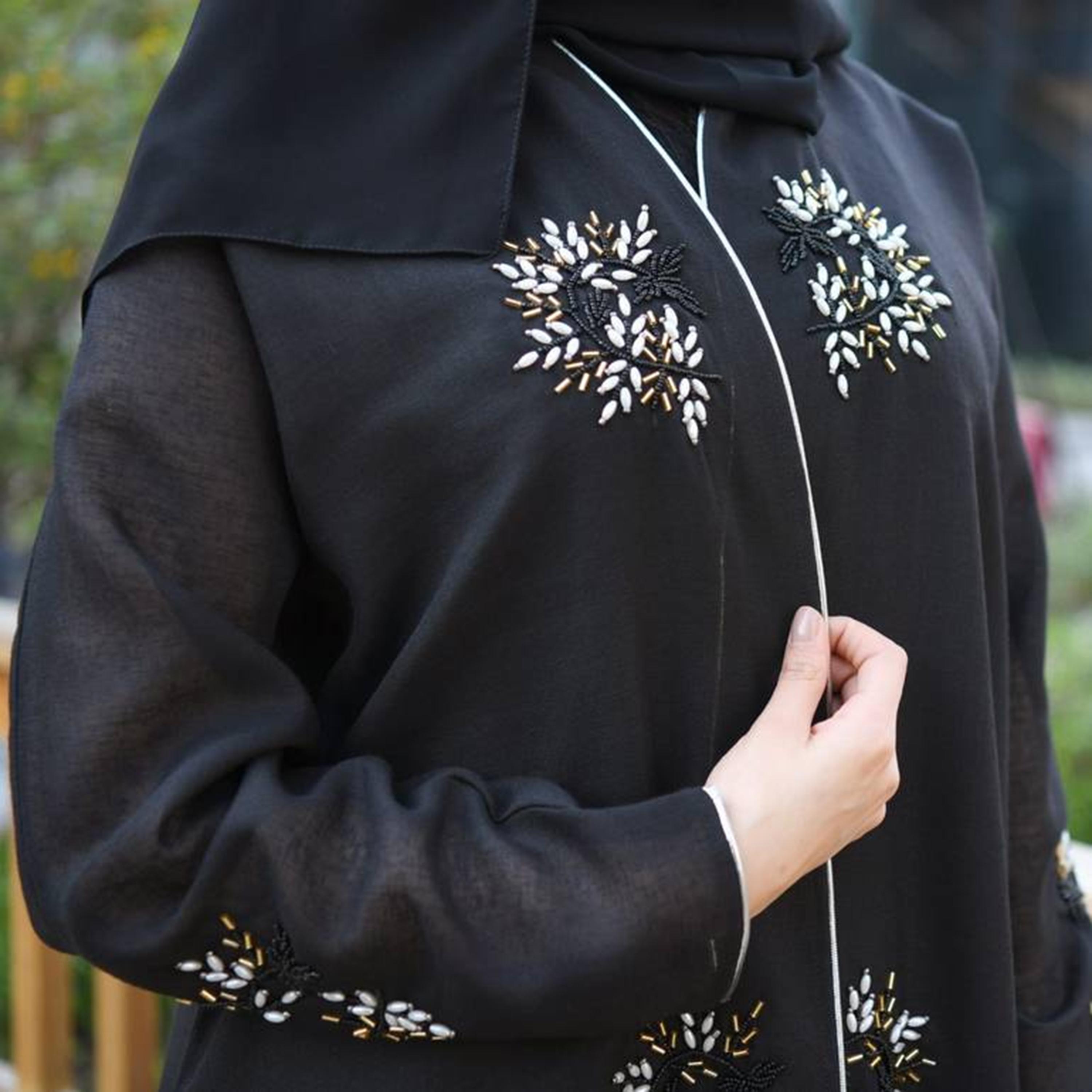 Hawraa Abaya Black Beaded Linen Women's Abaya with Hijab-women-arabicclothing-abayas-image-4