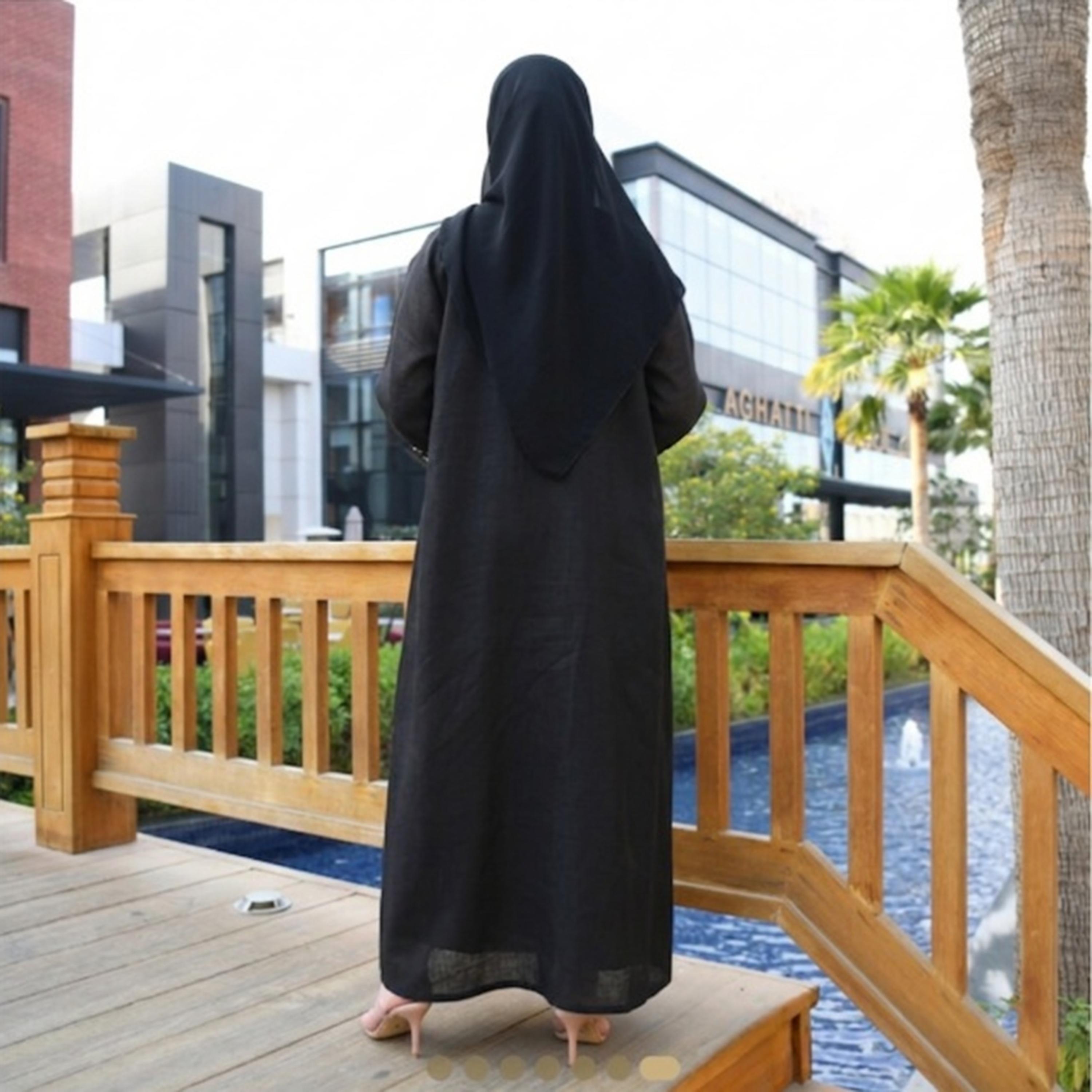 Hawraa Abaya Black Beaded Linen Women's Abaya with Hijab-women-arabicclothing-abayas-image-5