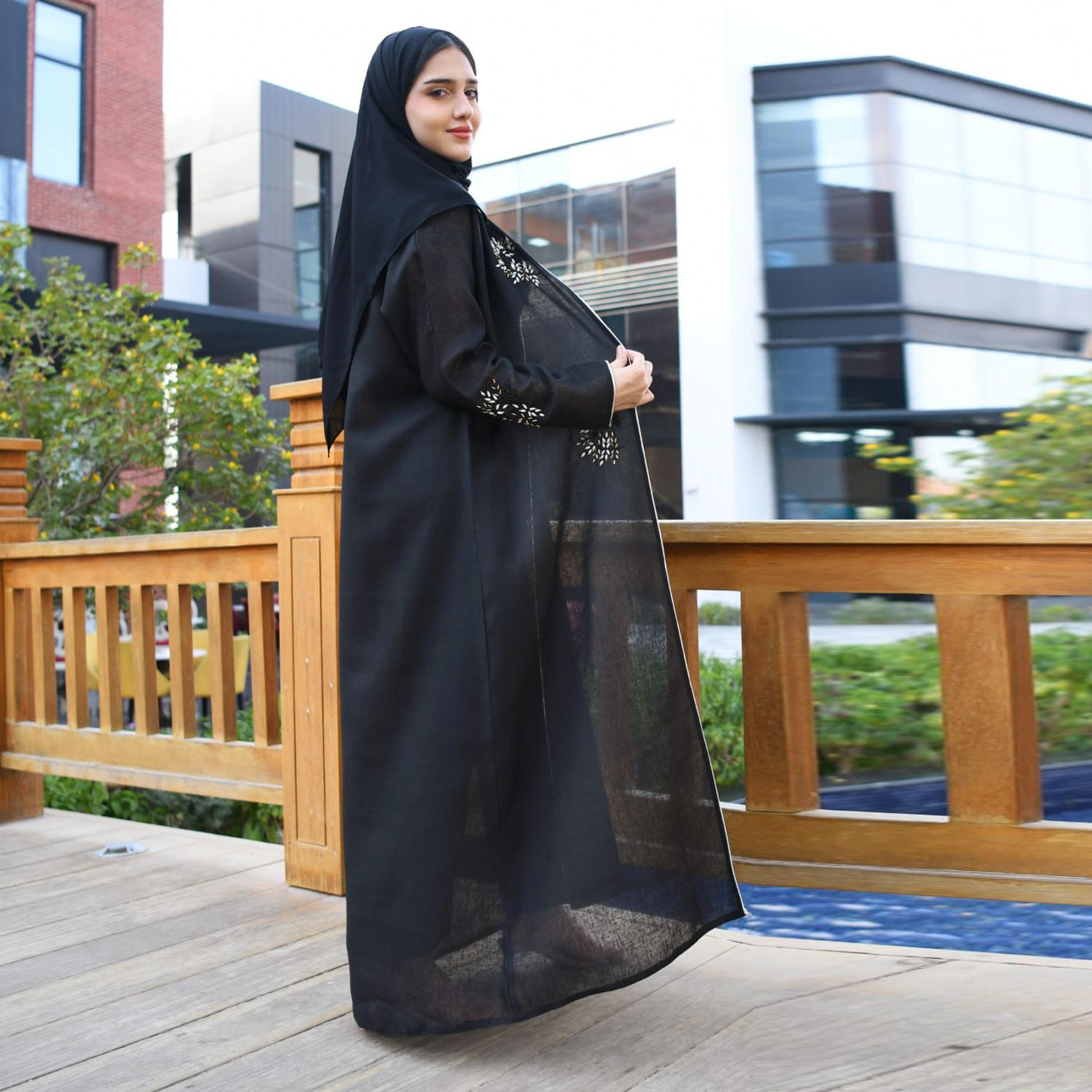 Hawraa Abaya Black Beaded Linen Women's Abaya with Hijab-women-arabicclothing-abayas-image-6