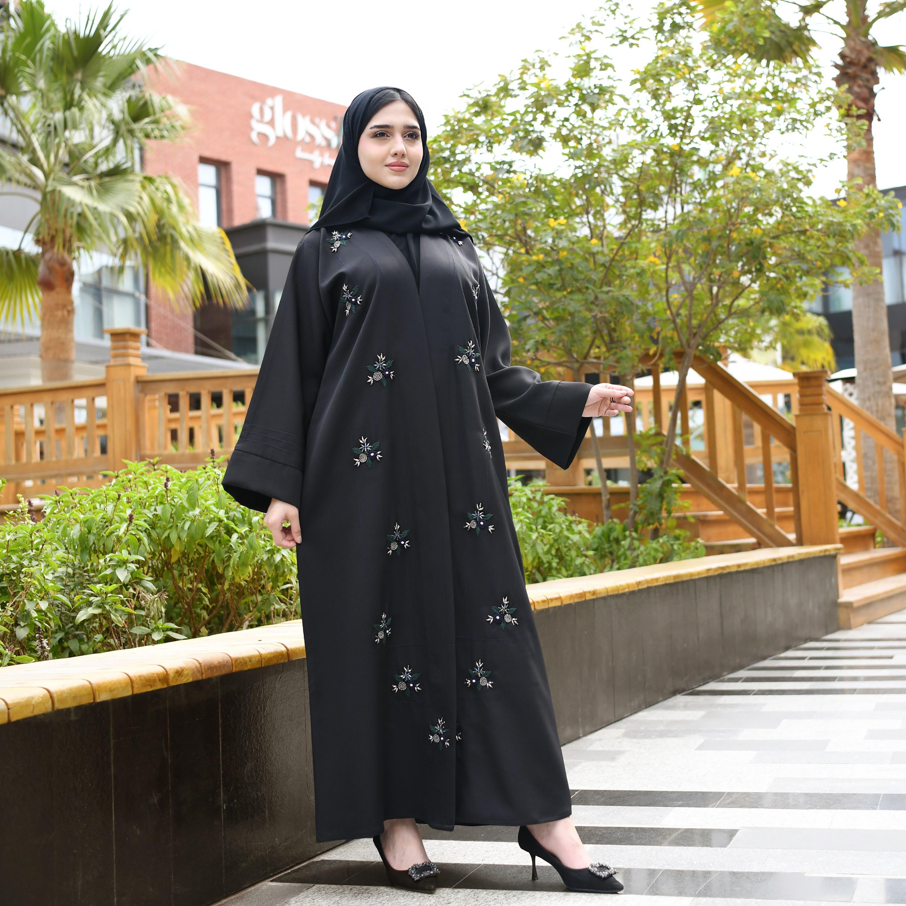 Hawraa Black Embroidered and Beaded Linen Abaya with Hijab-women-arabicclothing-abayas-image-1