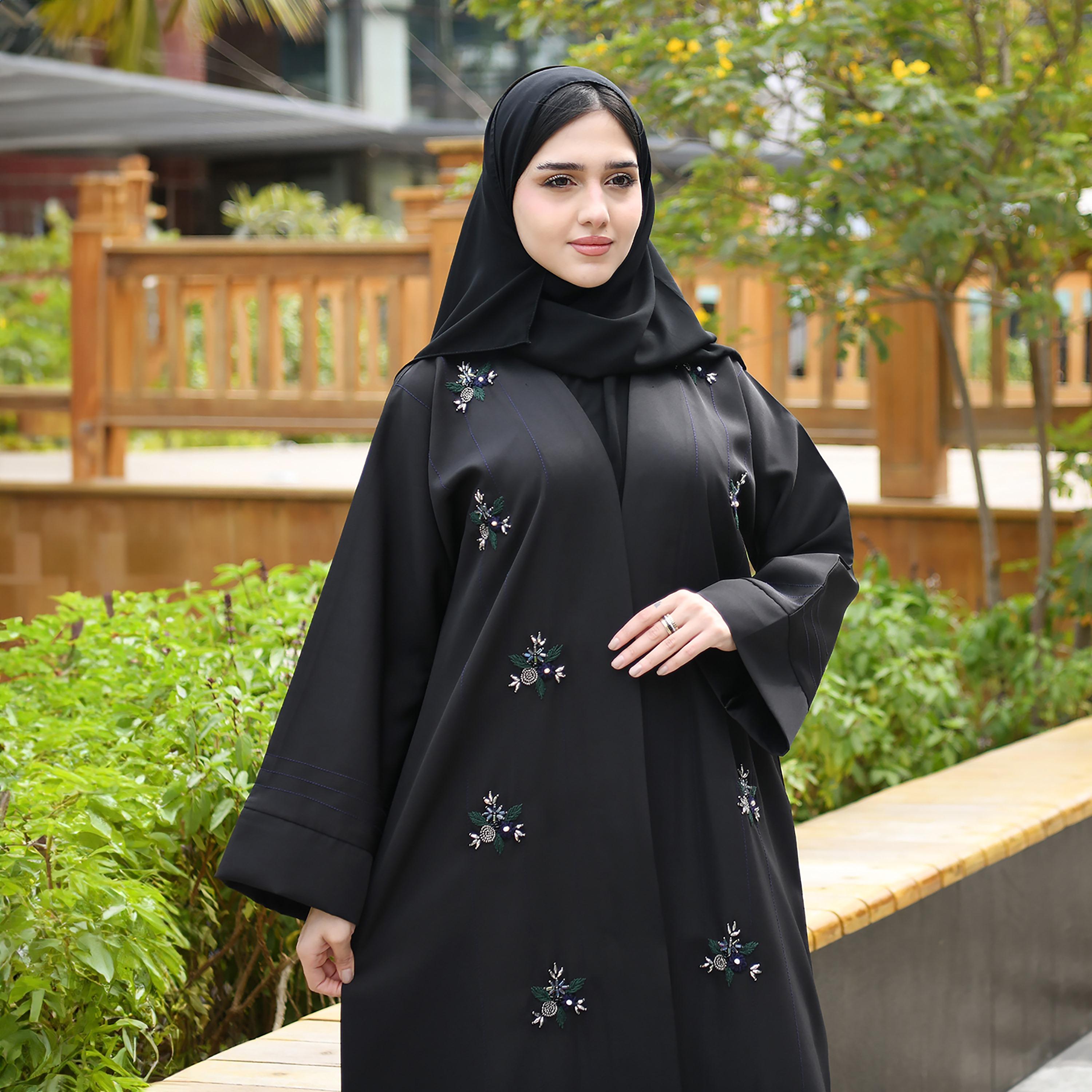 Hawraa Black Embroidered and Beaded Linen Abaya with Hijab-women-arabicclothing-abayas-image-2