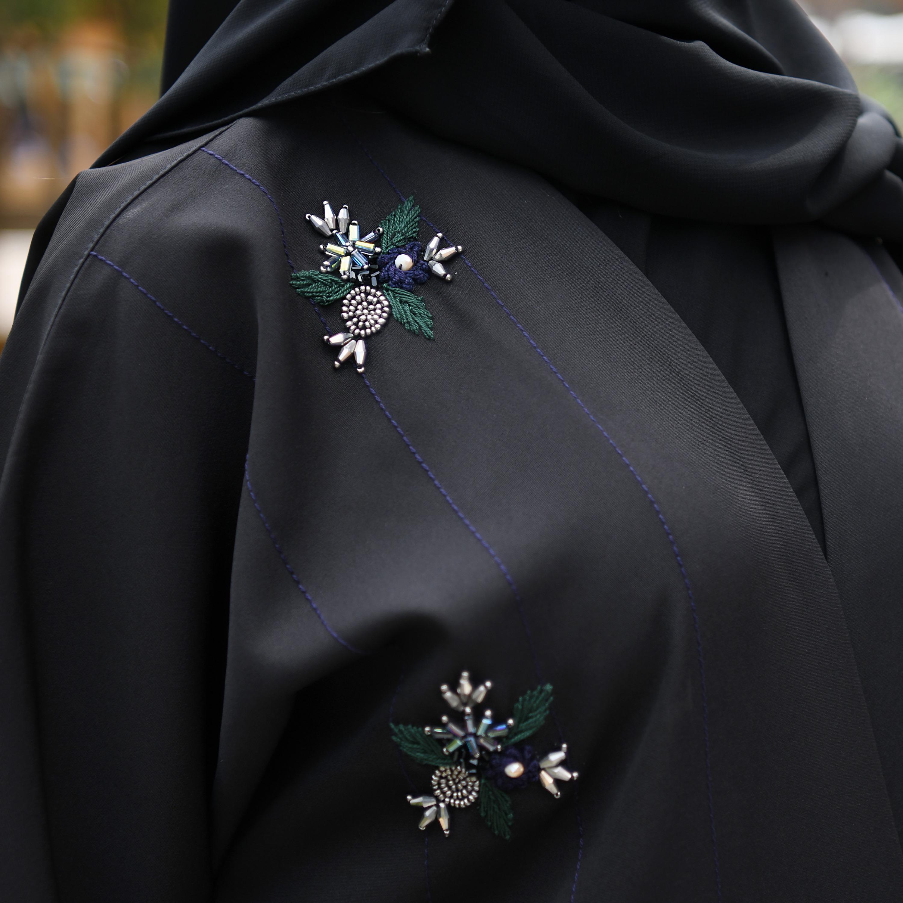 Hawraa Black Embroidered and Beaded Linen Abaya with Hijab-women-arabicclothing-abayas-image-3