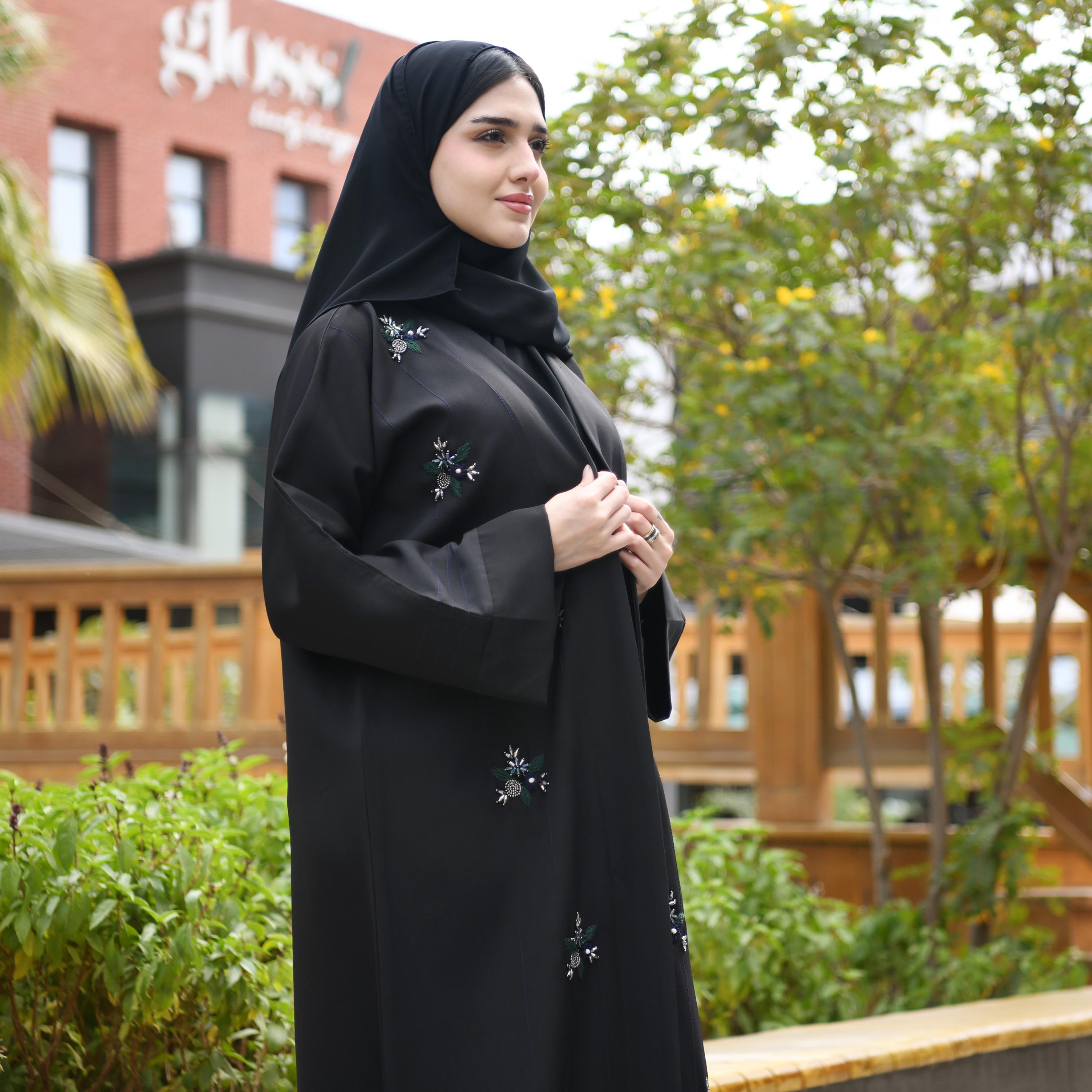 Hawraa Black Embroidered and Beaded Linen Abaya with Hijab-women-arabicclothing-abayas-image-4