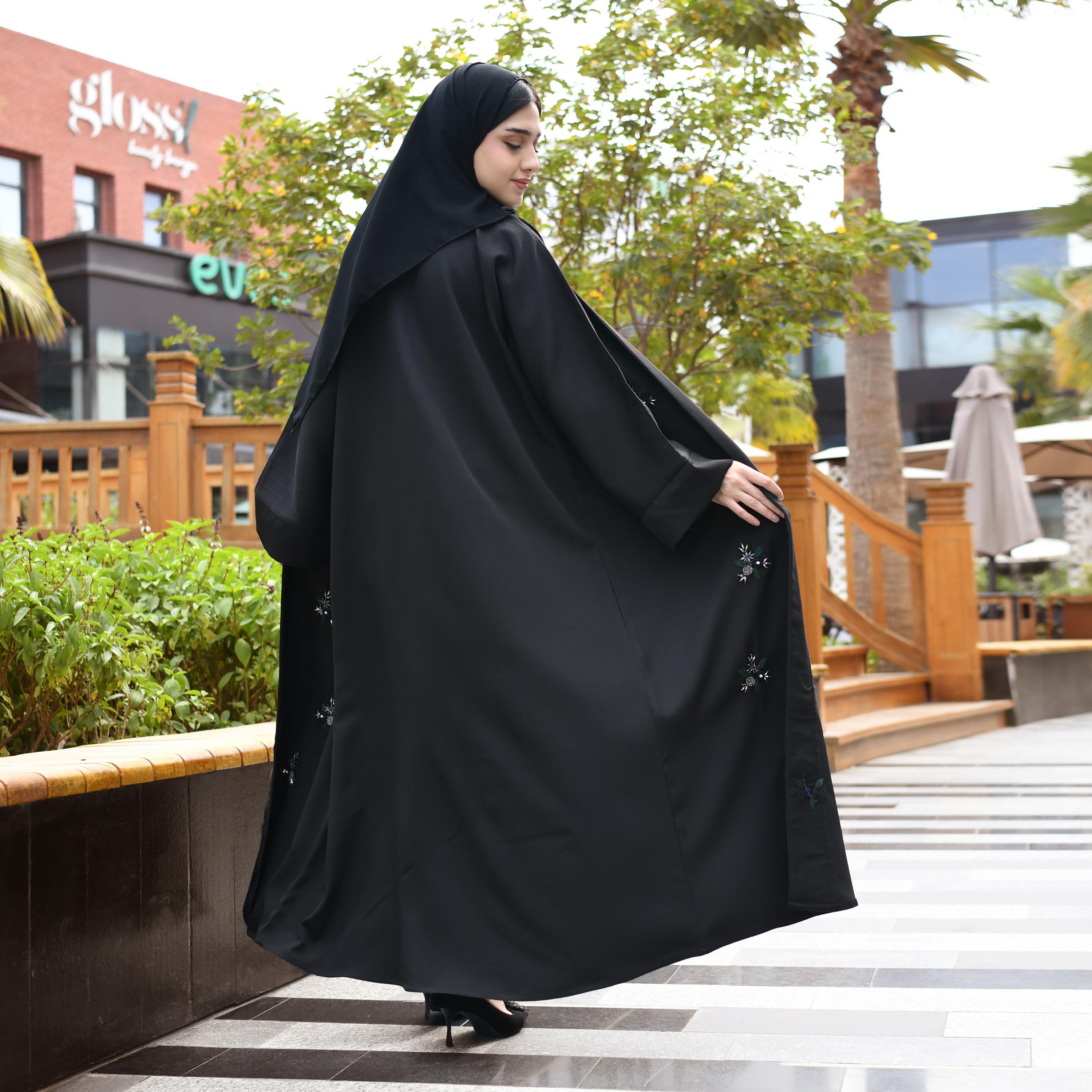 Hawraa Black Embroidered and Beaded Linen Abaya with Hijab-women-arabicclothing-abayas-image-5