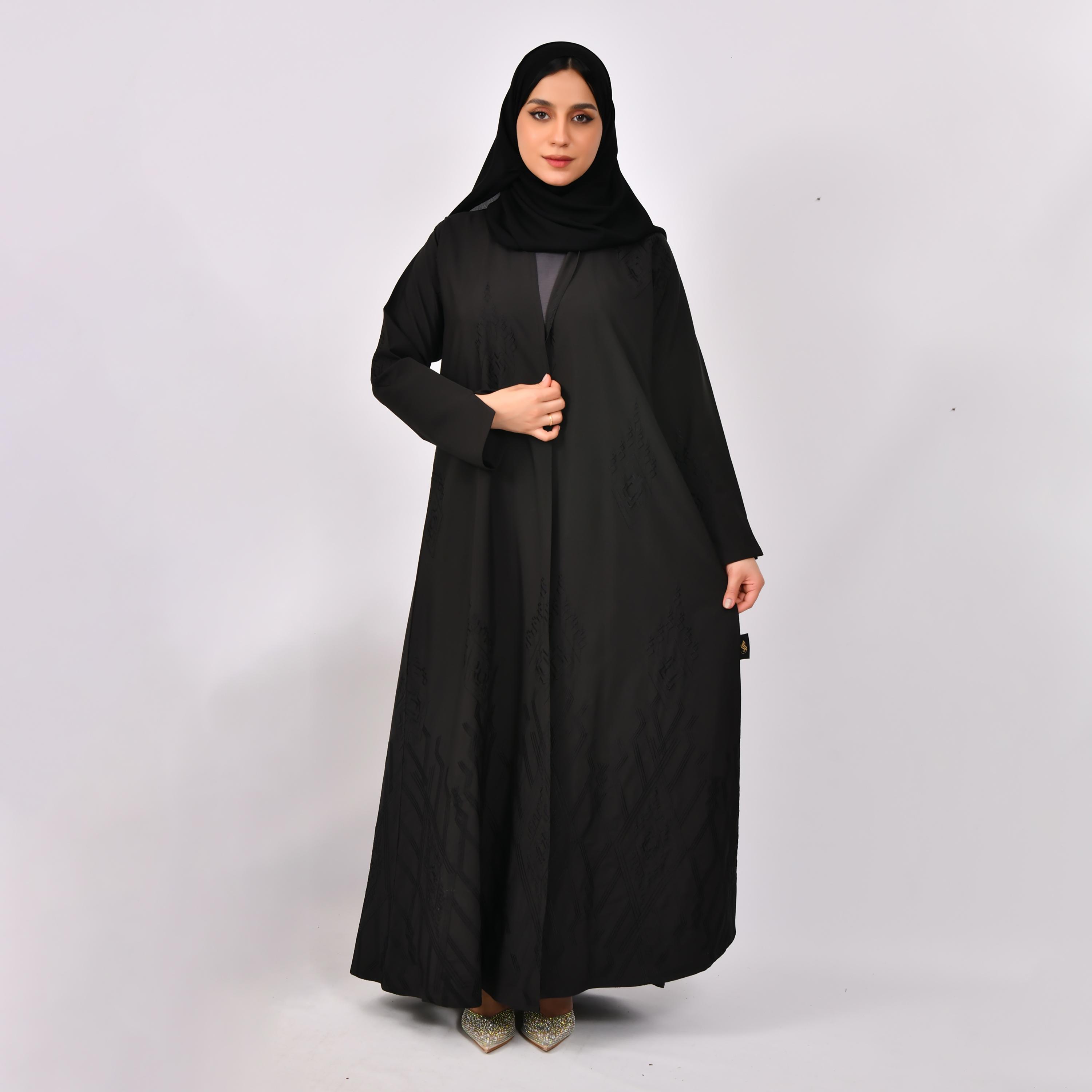 Hawraa Black Slit Sleeves Embroidered Linen Abaya with Hijab-women-arabicclothing-abayas-image-1