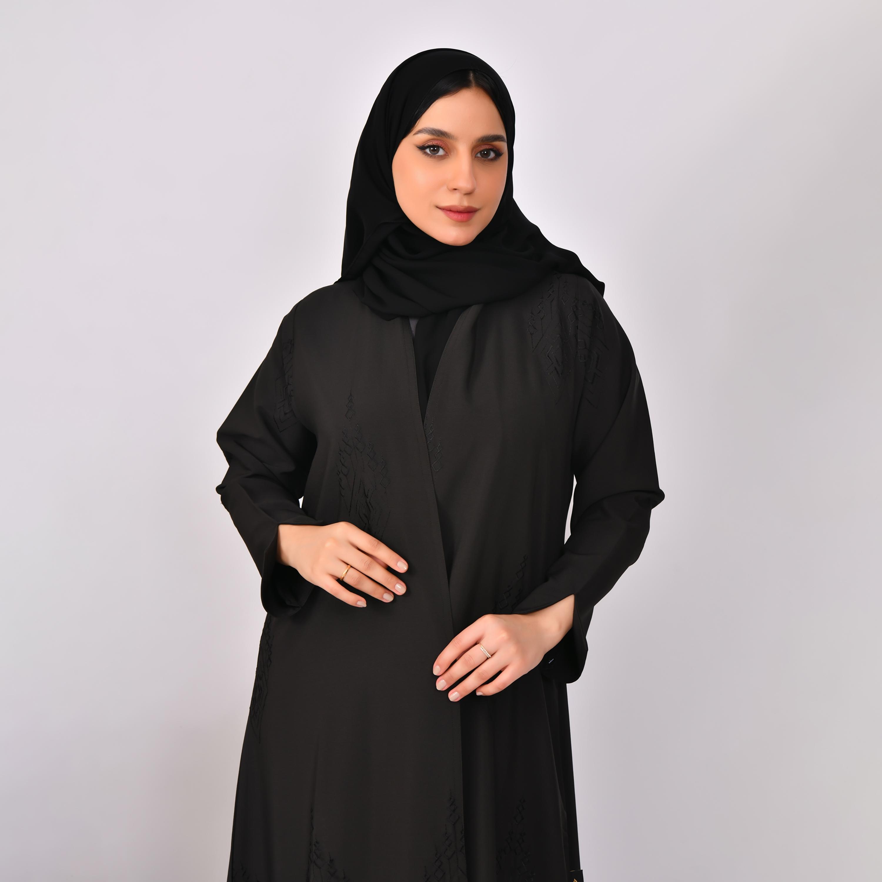 Hawraa Black Slit Sleeves Embroidered Linen Abaya with Hijab-women-arabicclothing-abayas-image-2
