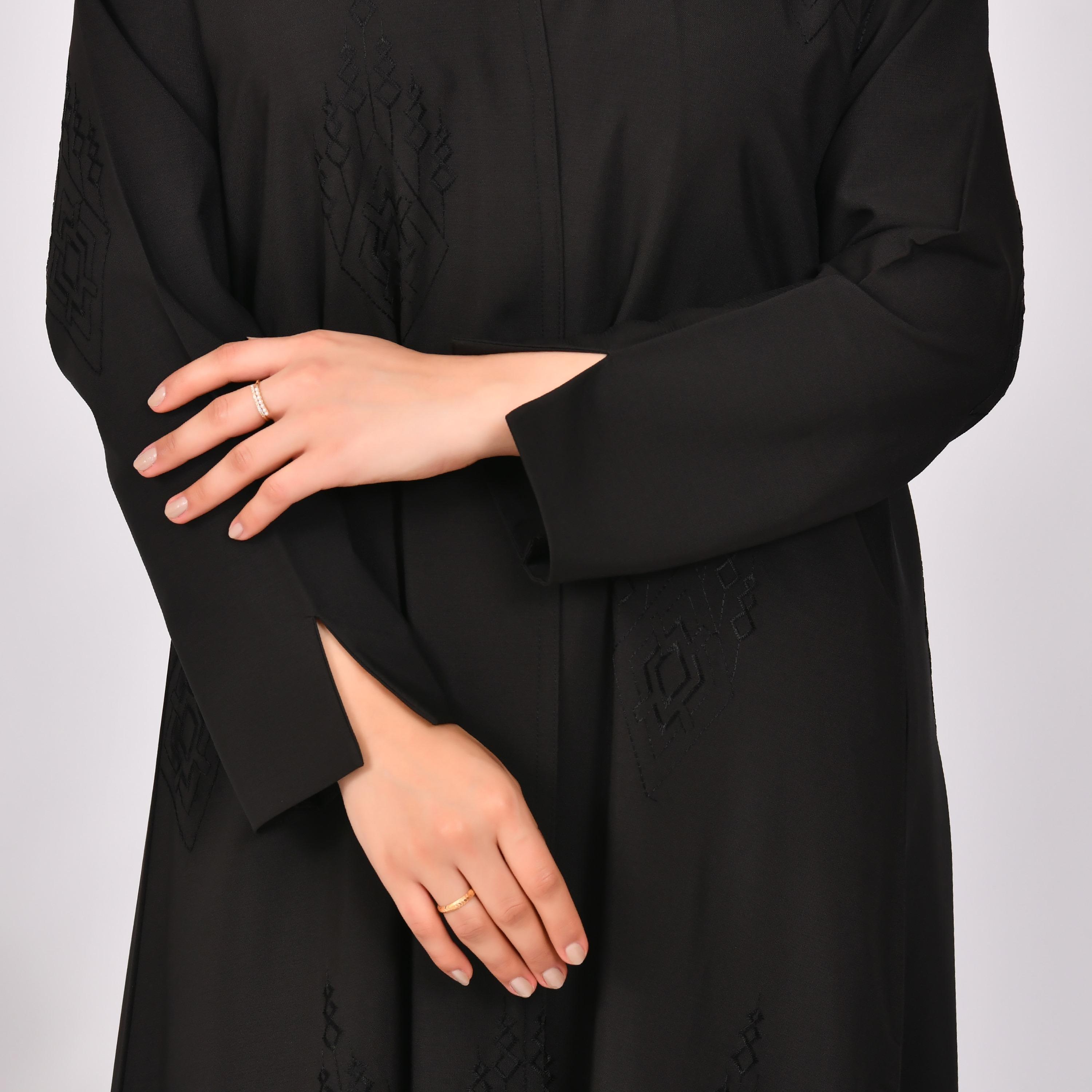 Hawraa Black Slit Sleeves Embroidered Linen Abaya with Hijab-women-arabicclothing-abayas-image-3