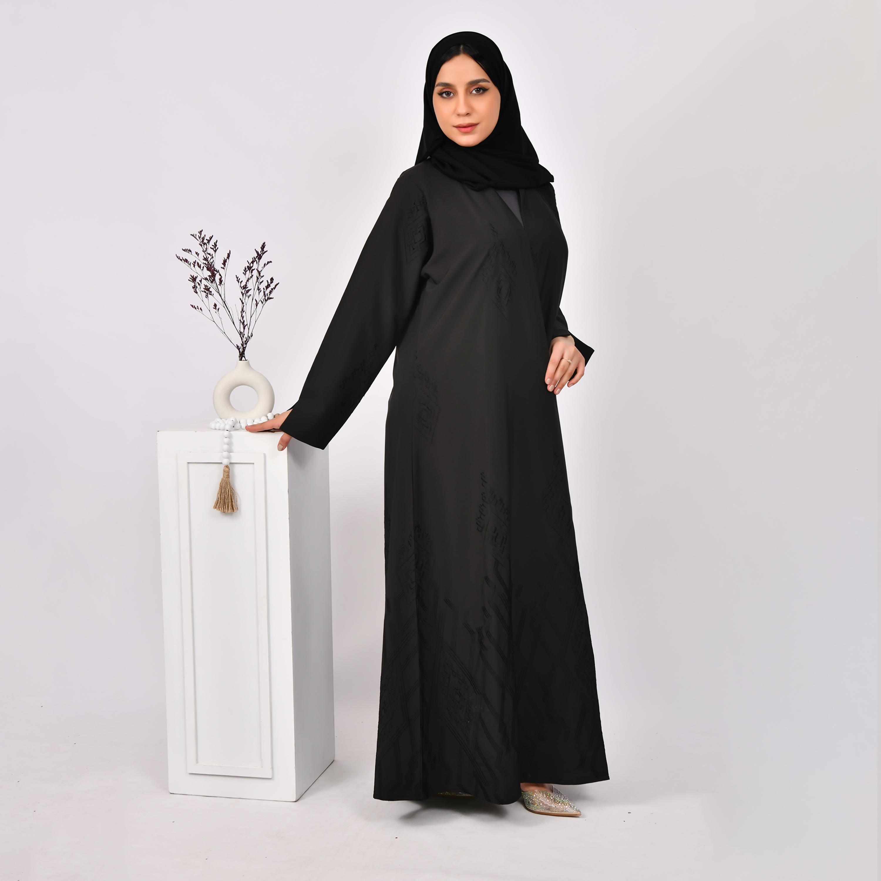 Hawraa Black Slit Sleeves Embroidered Linen Abaya with Hijab-women-arabicclothing-abayas-image-4